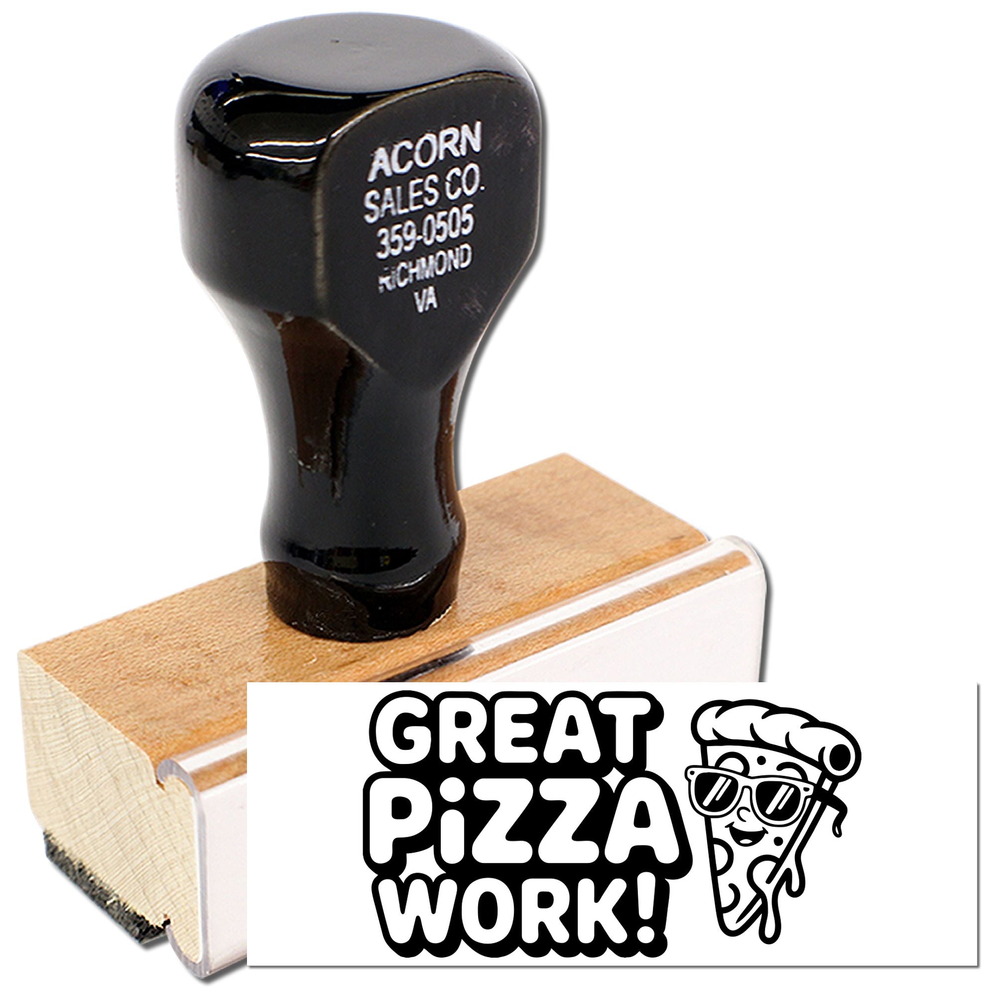 Custom rubber stamp with Great Pizza Work! pizza logo for pizzeria branding, packaging, and takeout marketing