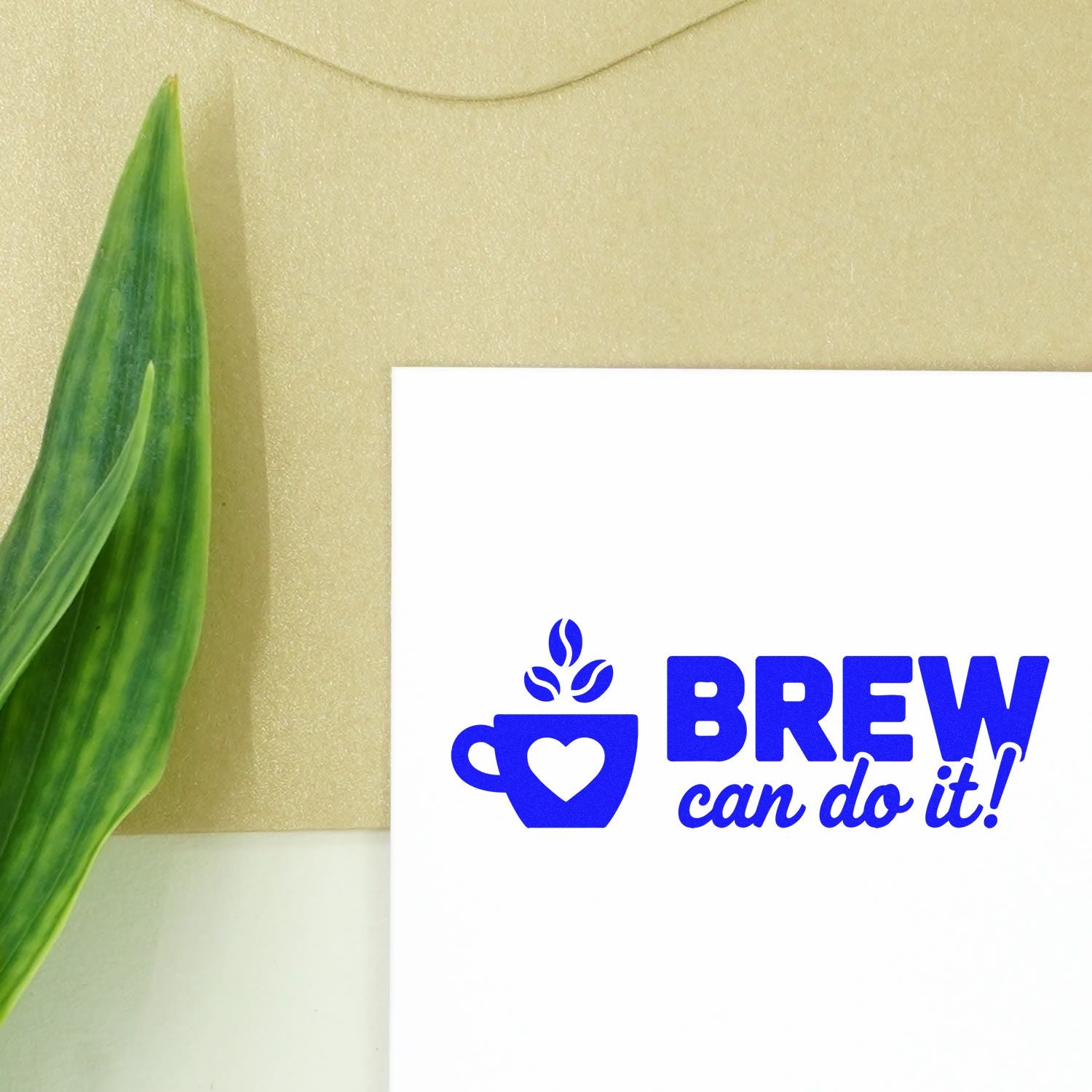 Custom rubber stamp design with coffee cup icon and Brew can do it! slogan for cafes, brewers, and craft projects.