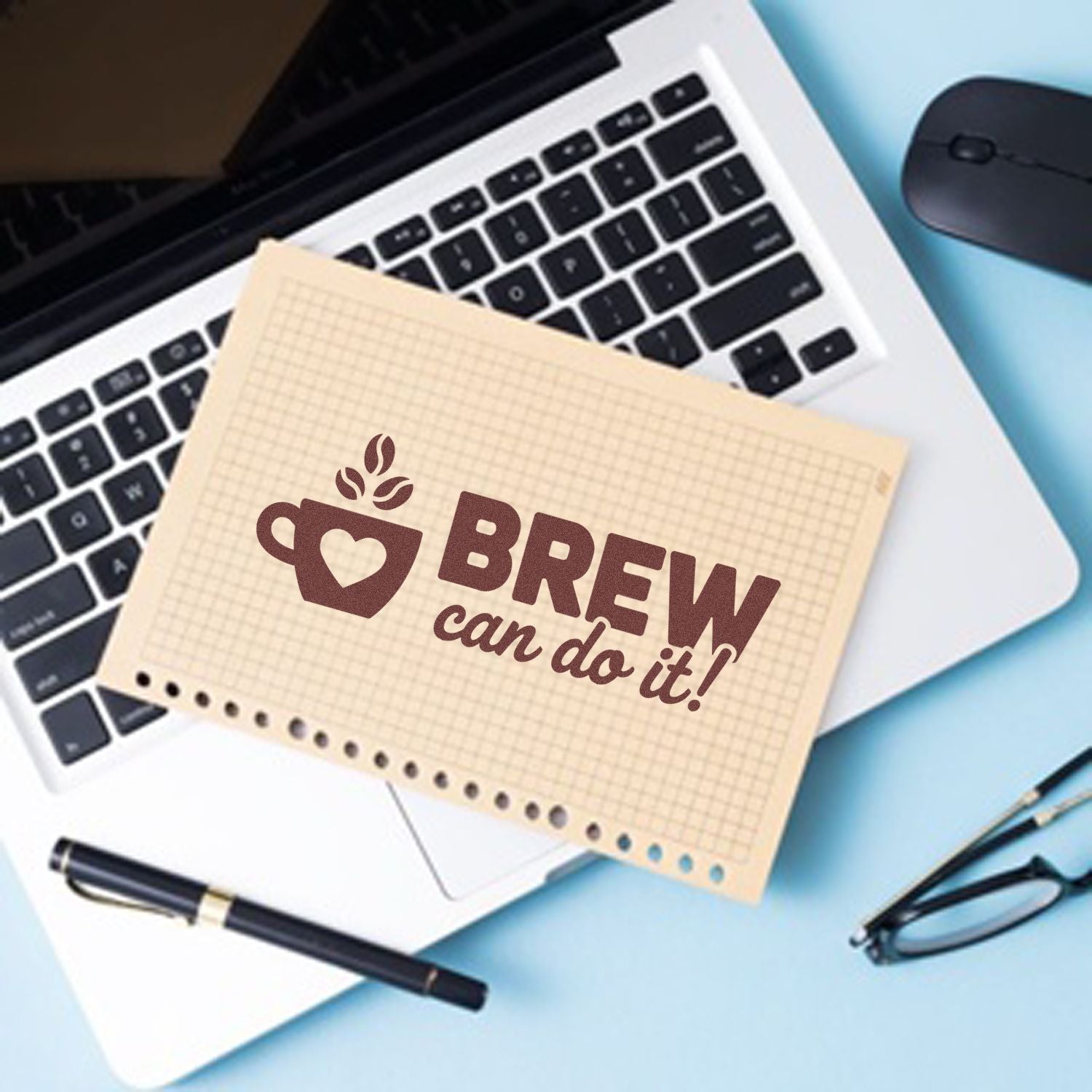 Custom coffee shop rubber stamp with Brew can do it! slogan and cup icon, shown on stationery for branding.