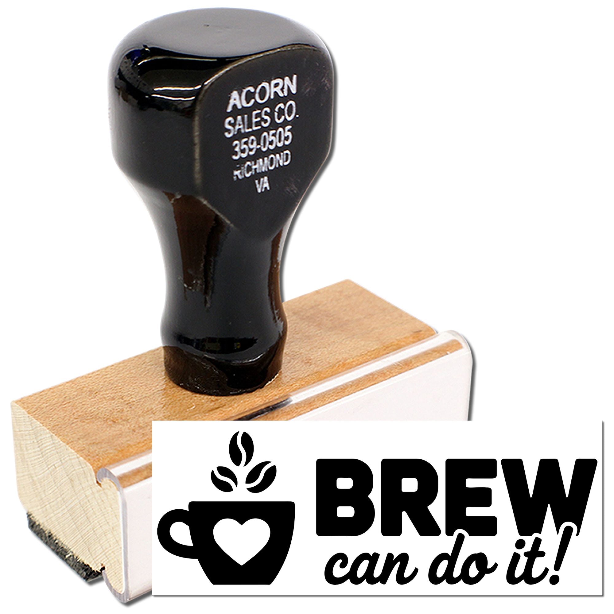 Custom wood-mounted rubber stamp with Brew can do it! coffee mug design for branding cafes, breweries, and packaging.