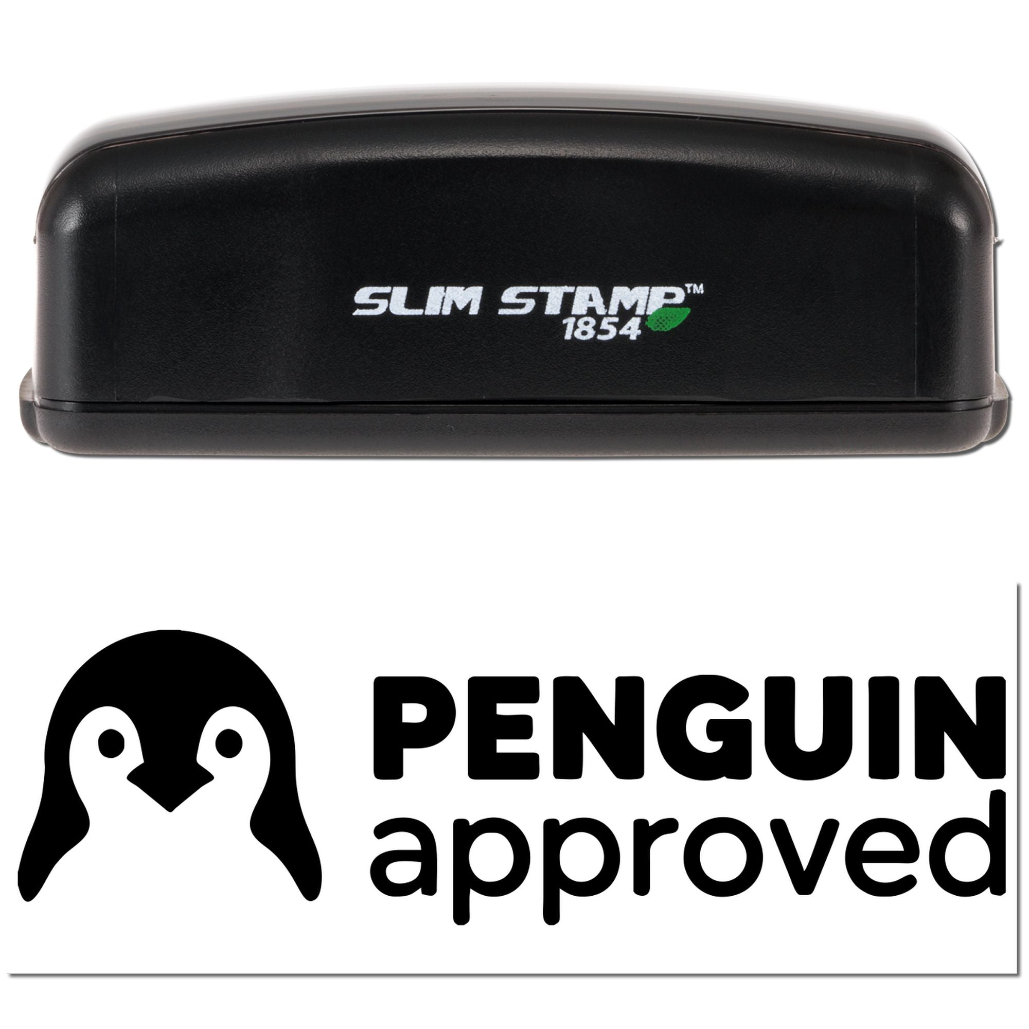Black Slim Stamp 1854 rubber stamp with Penguin Approved logo for custom business branding and packaging.