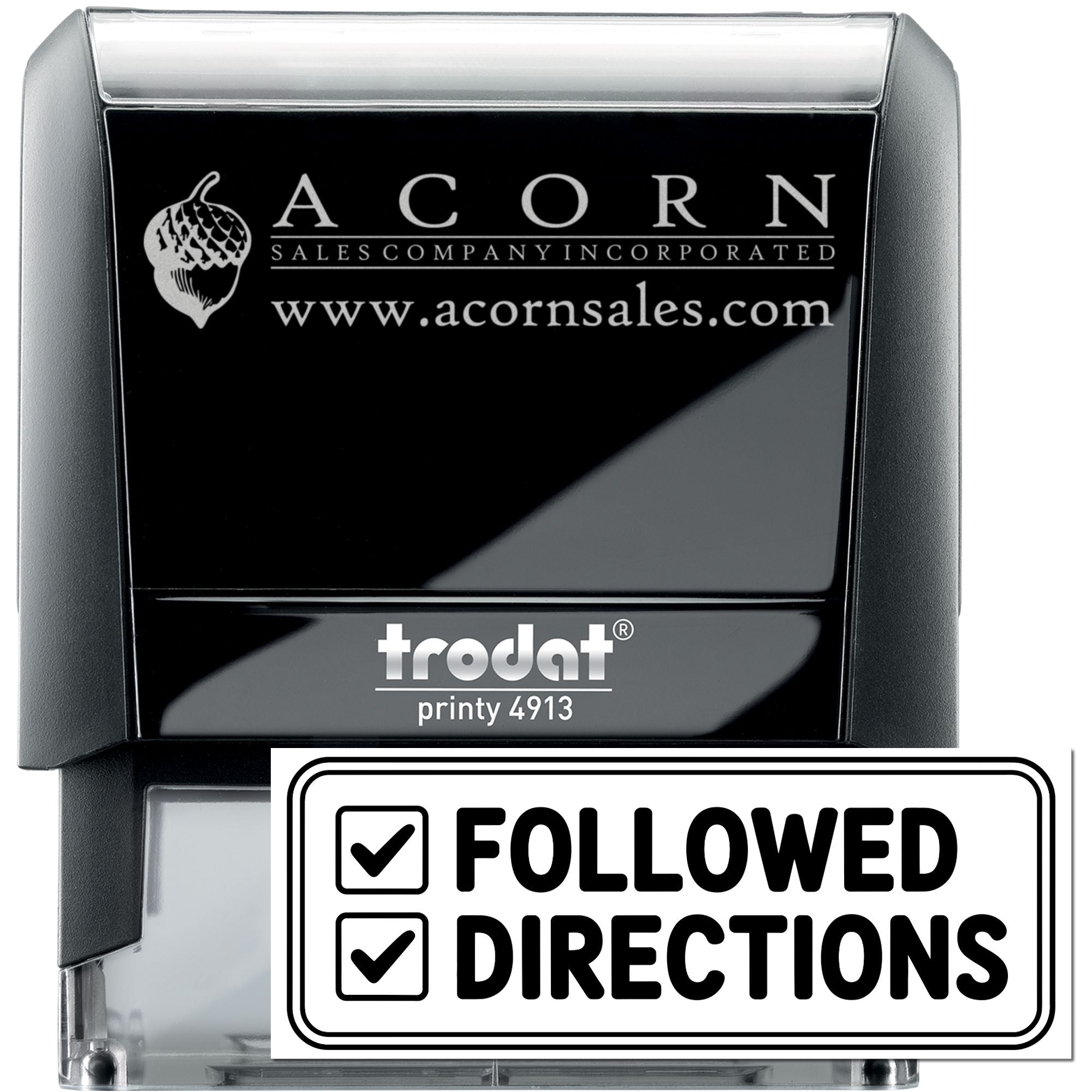 Trodat Printy 4913 custom self-inking rubber stamp with FOLLOWED DIRECTIONS checkboxes for office approvals.
