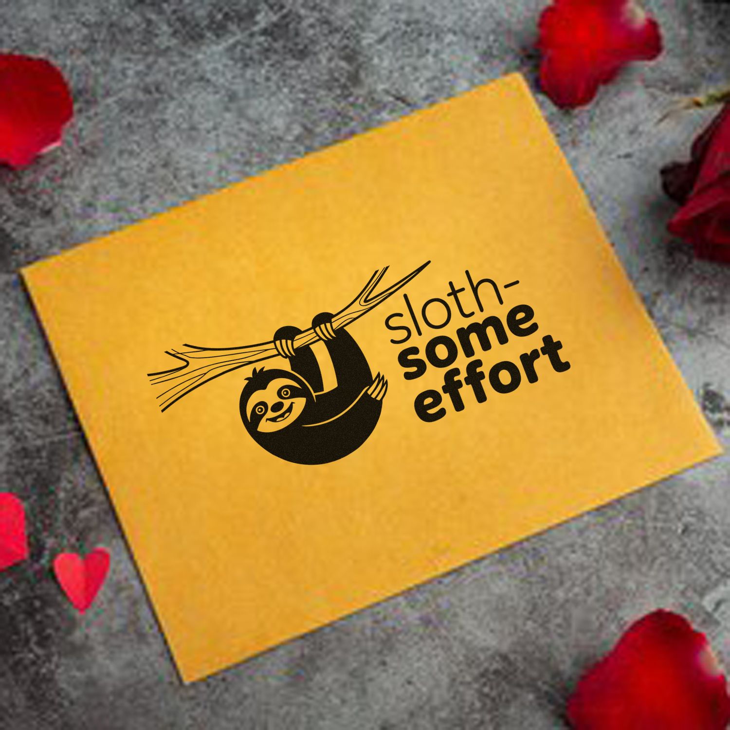 Sloth some effort rubber stamp design on yellow card, featuring a hanging sloth and playful pun for craft stamping projects.