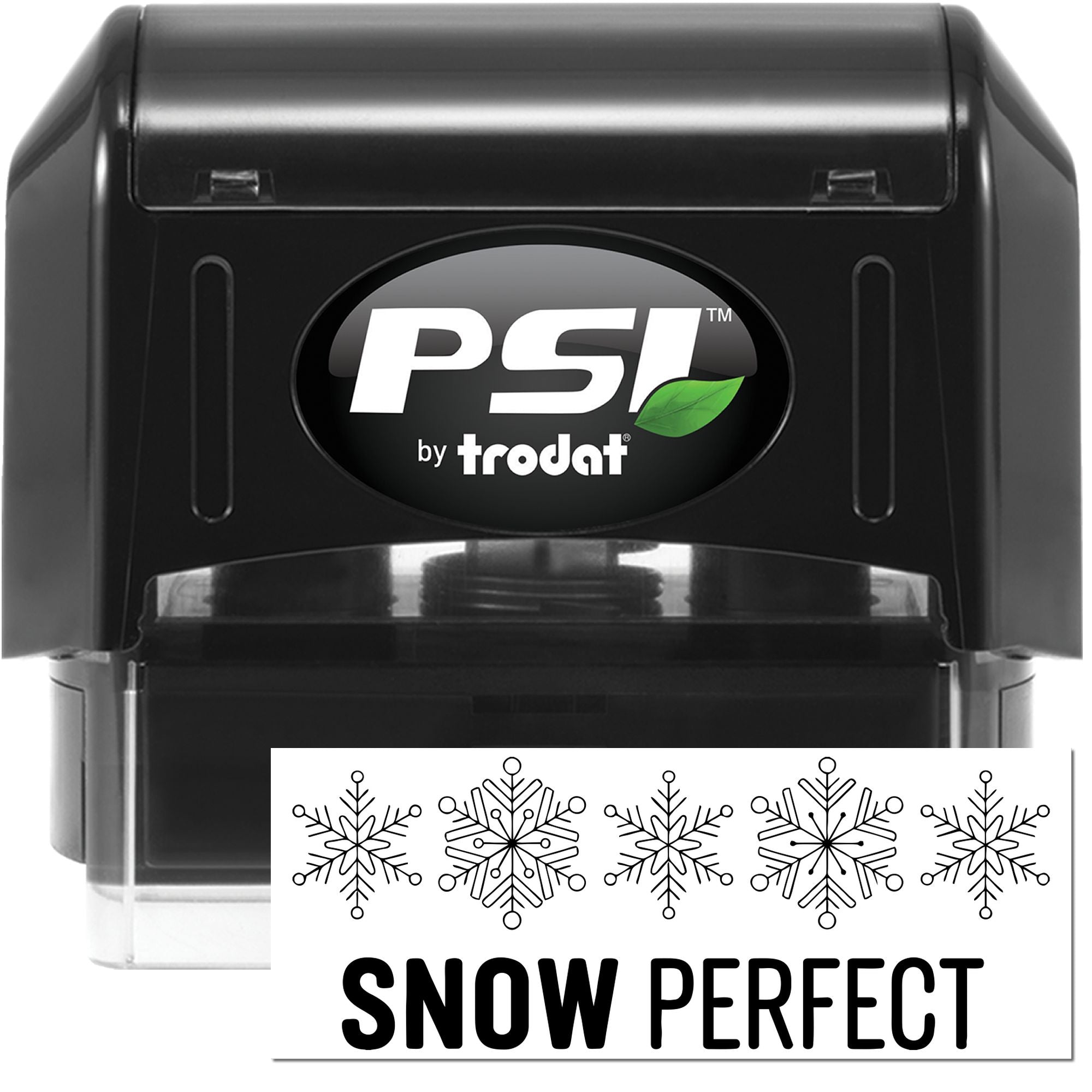 PSI by Trodat self-inking rubber stamp with Snow Perfect snowflake design for seasonal custom stamping.