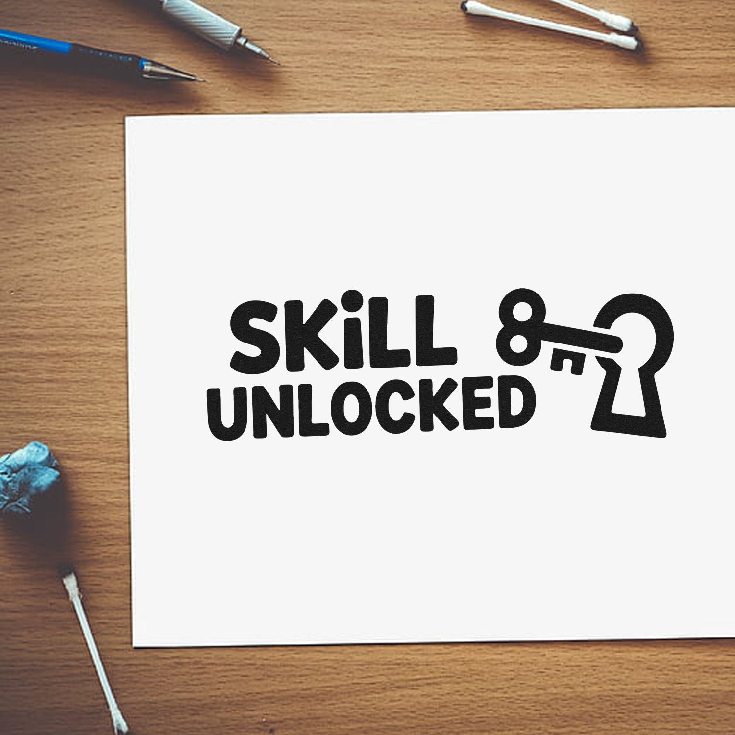 Skill Unlocked rubber stamp design with key icon for custom crafts, branding, and achievement marking.