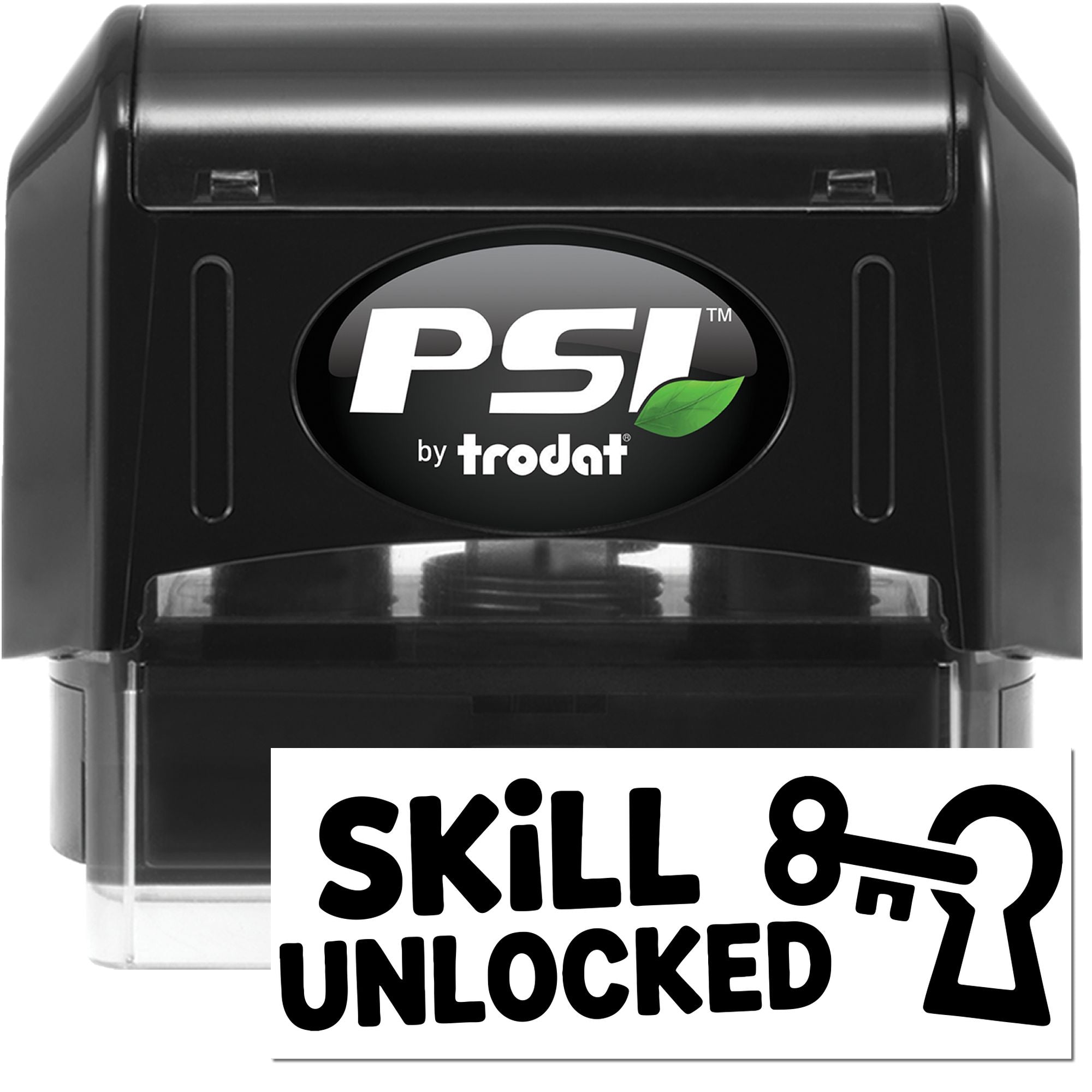 PSI by Trodat self-inking rubber stamp with Skill Unlocked key design for custom achievement and milestone marking.