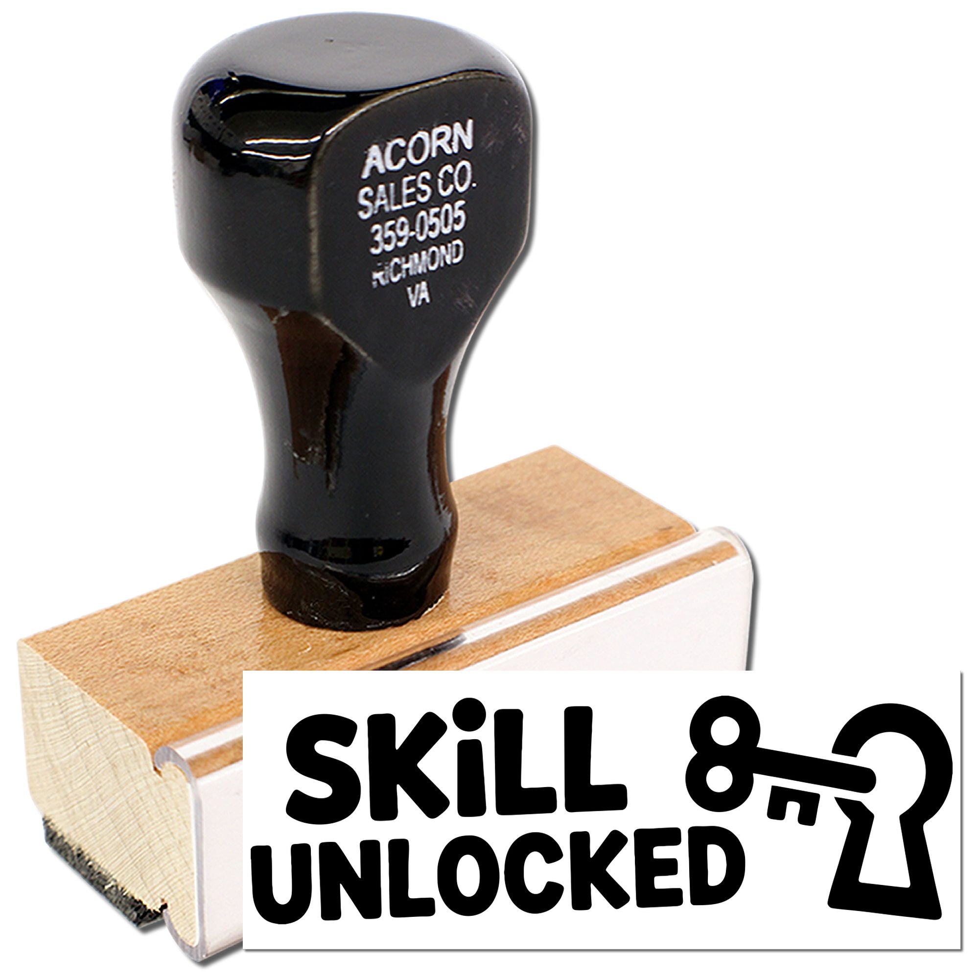 Custom rubber stamp with Skill Unlocked and key icon for achievement recognition, certifications, and reward badges.