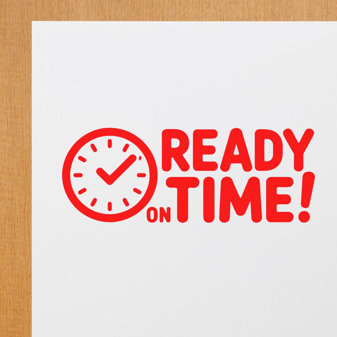 Ready on Time rubber stamp design with clock icon, ideal for deadline approval, punctuality, and workflow messaging.