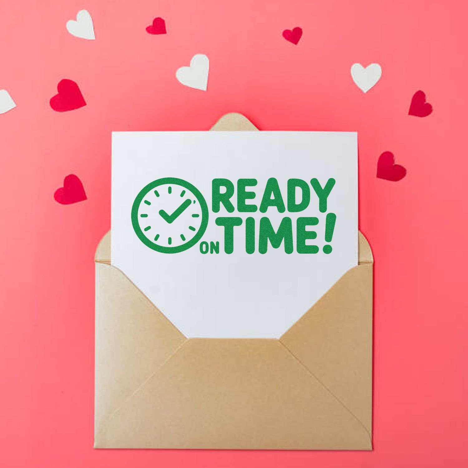 Ready on Time rubber stamp design on envelope, featuring green clock icon and hearts for punctual mail, cards, and packaging.