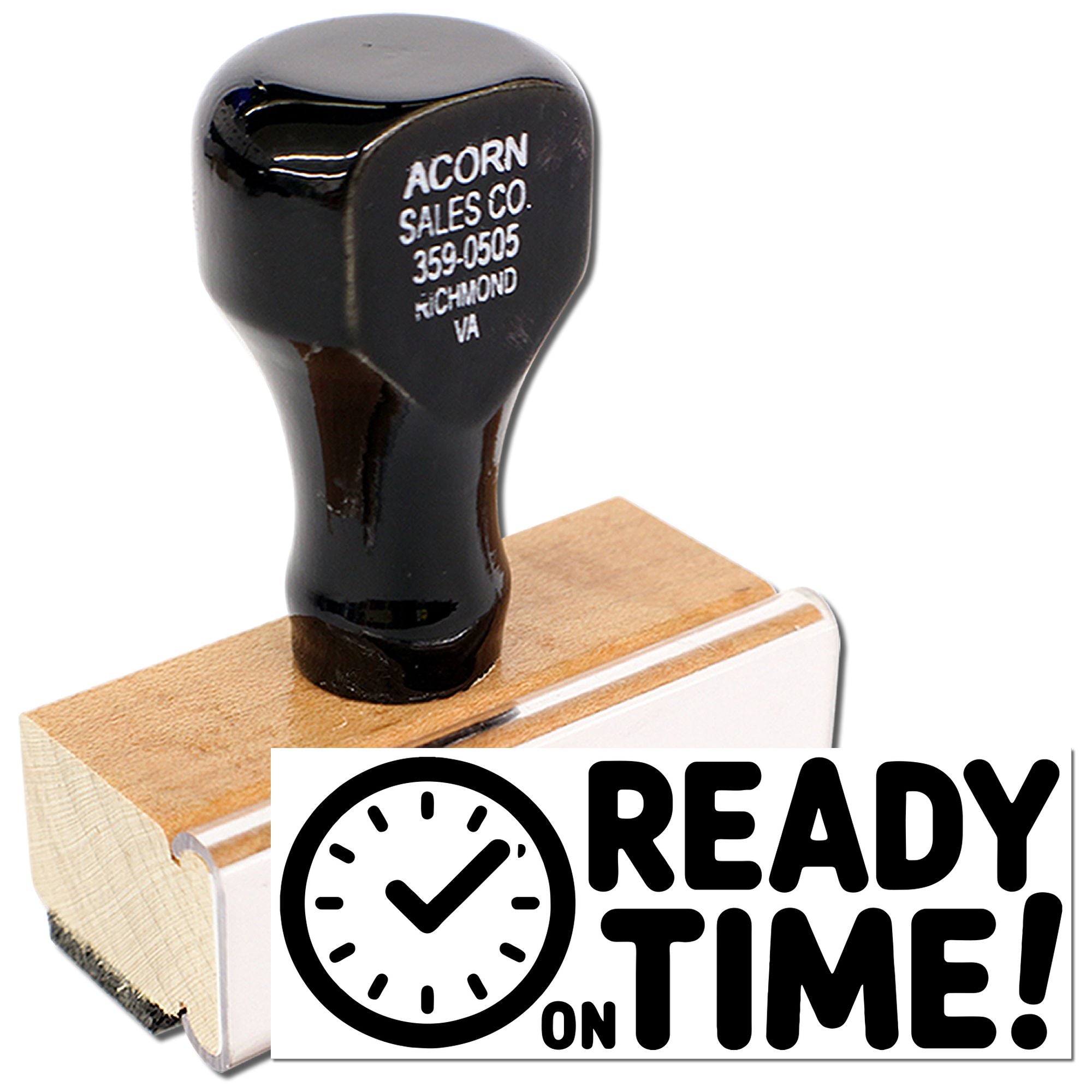 Wooden rubber stamp with READY ON TIME! clock design for office use, ideal for business marking and productivity.