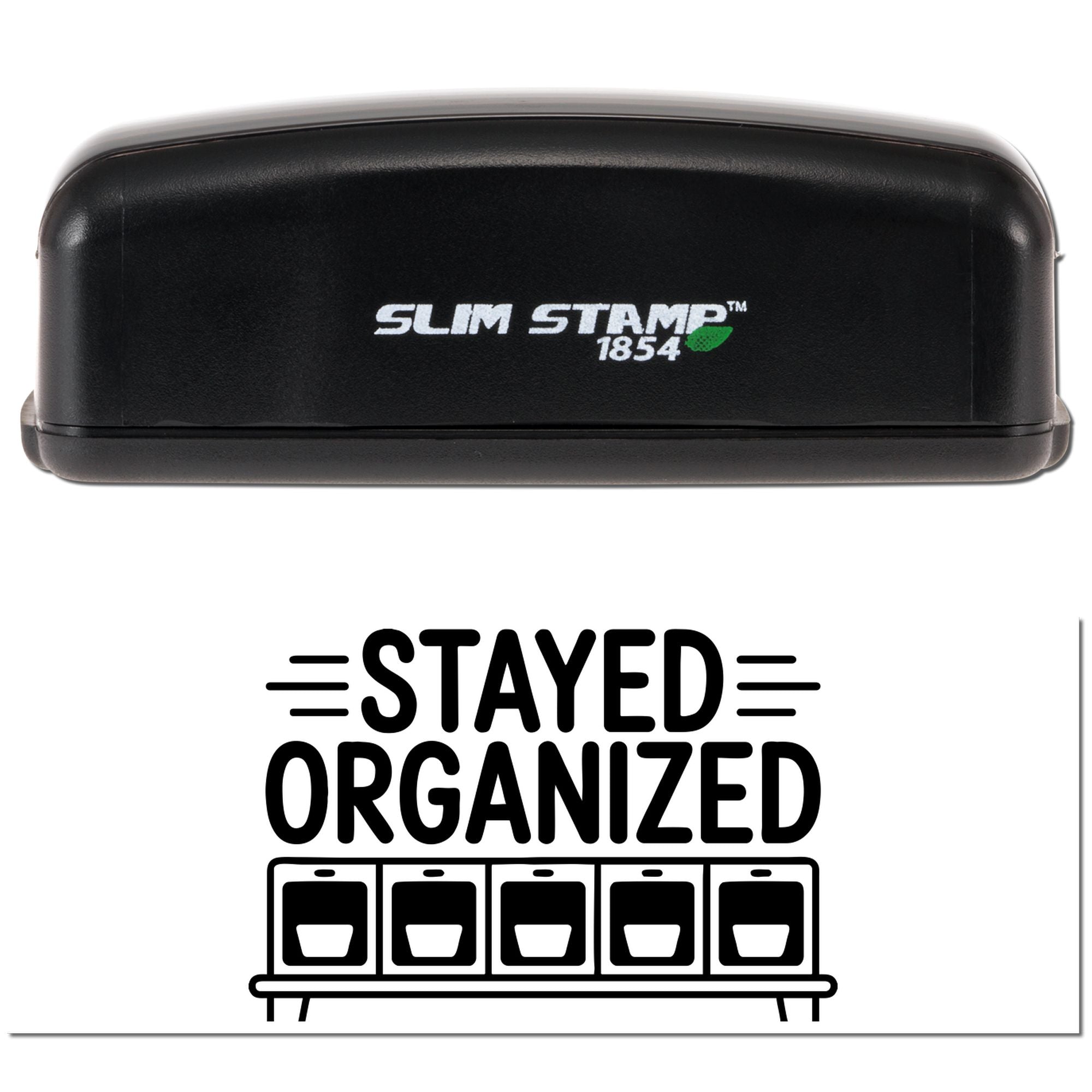 Slim Stamp 1854 self-inking rubber stamp with Stayed Organized design for custom office organization labeling.