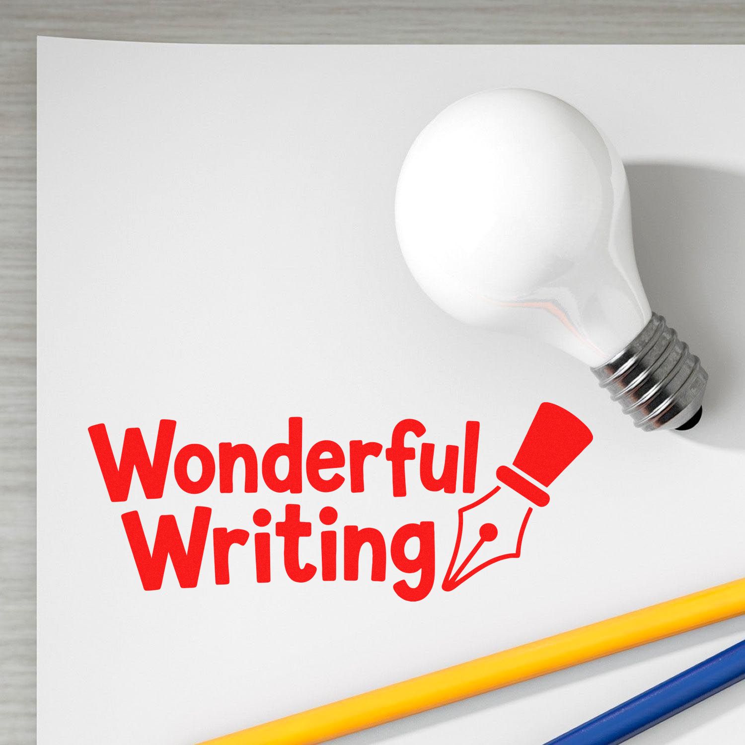 Wonderful Writing rubber stamp design with pen nib icon on paper, perfect for teacher grading and classroom feedback.