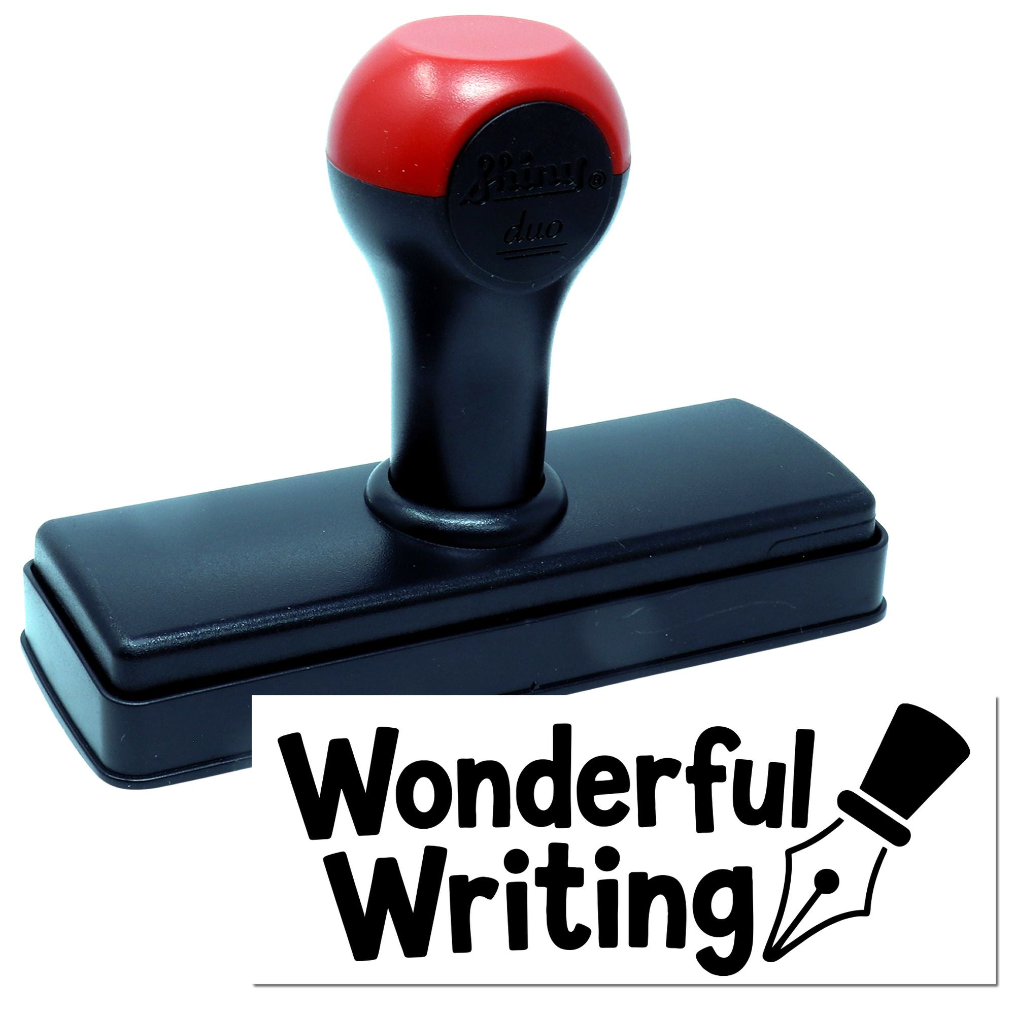 Self-inking rubber stamp with Wonderful Writing text and pen nib icon for teacher or office use.