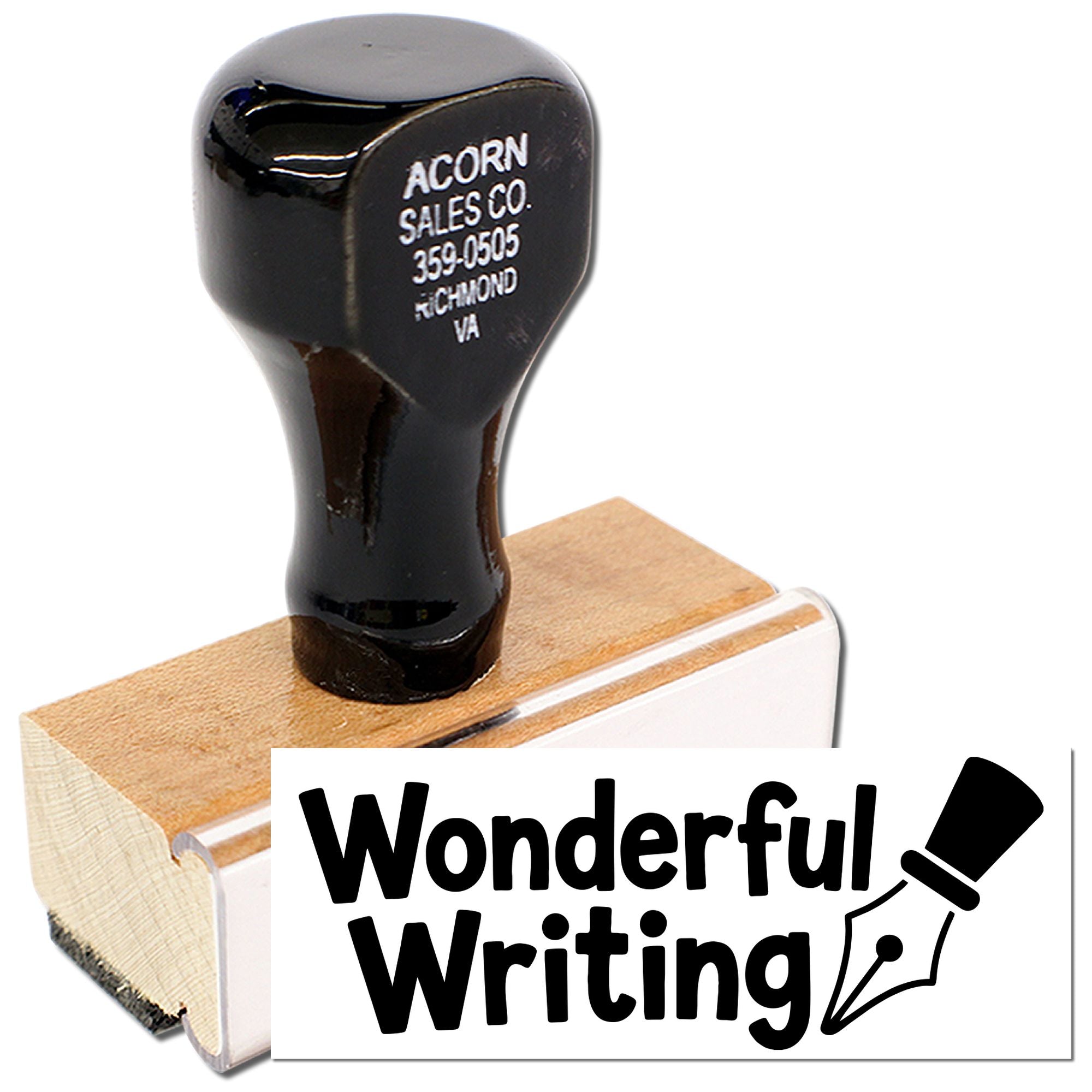 Custom rubber stamp for Wonderful Writing with pen nib logo and Acorn Sales Co. address imprint for business use