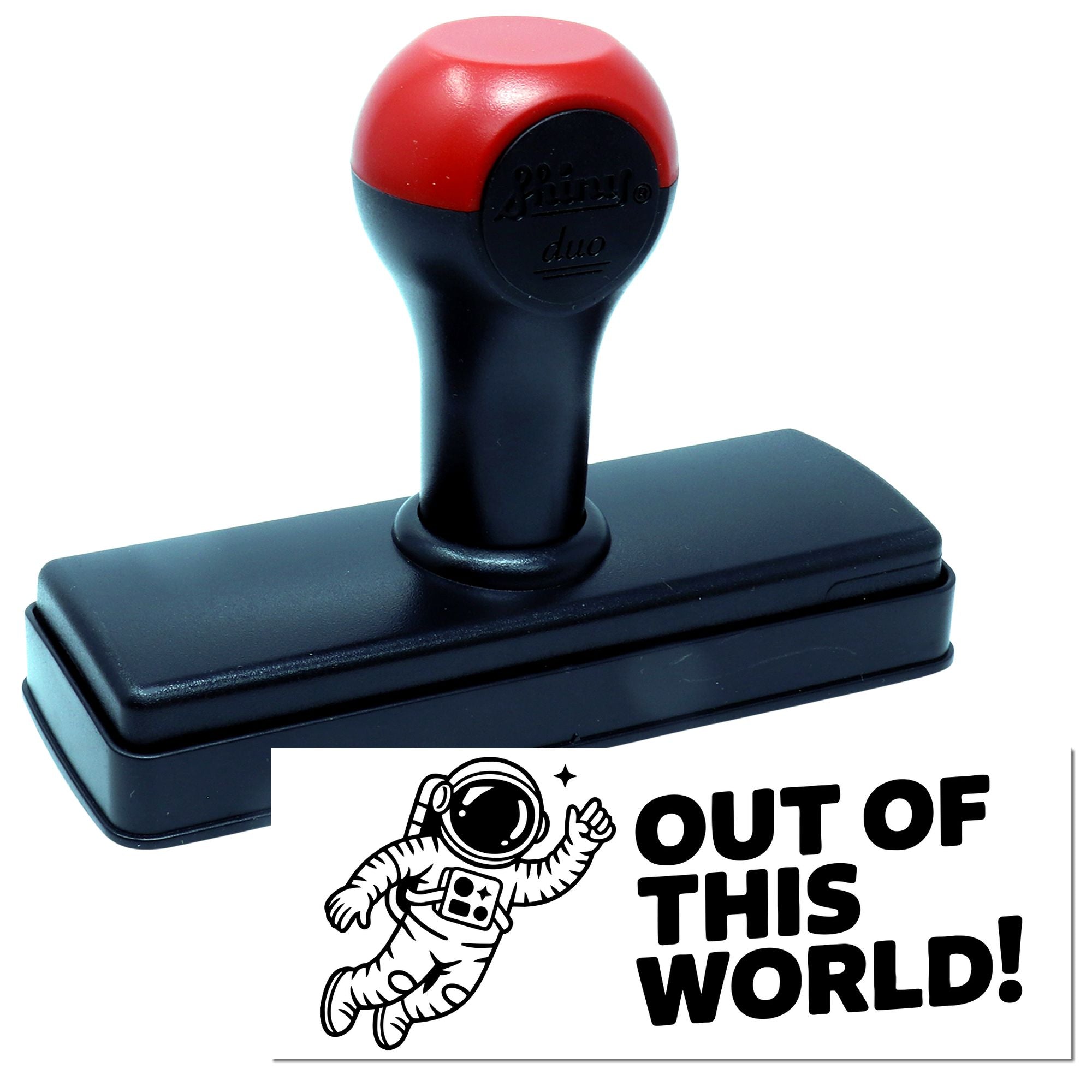 Self-inking rubber stamp with astronaut and Out of This World! design for space-themed crafts and card making