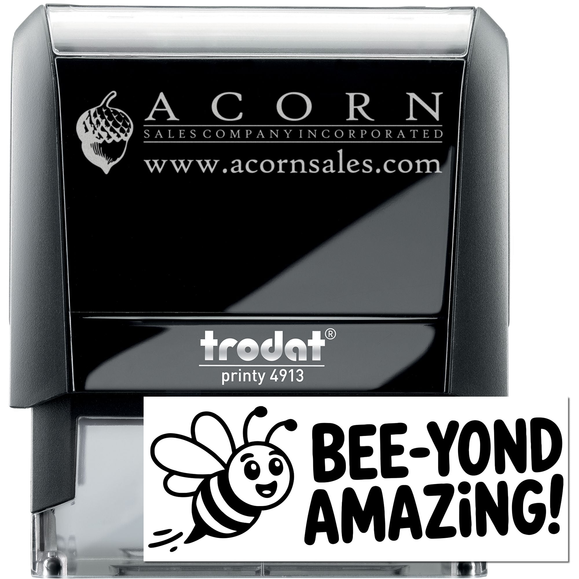 Custom self-inking rubber stamp designs: Acorn Sales logo stamp and bee-themed Bee-Yond Amazing! stamp.