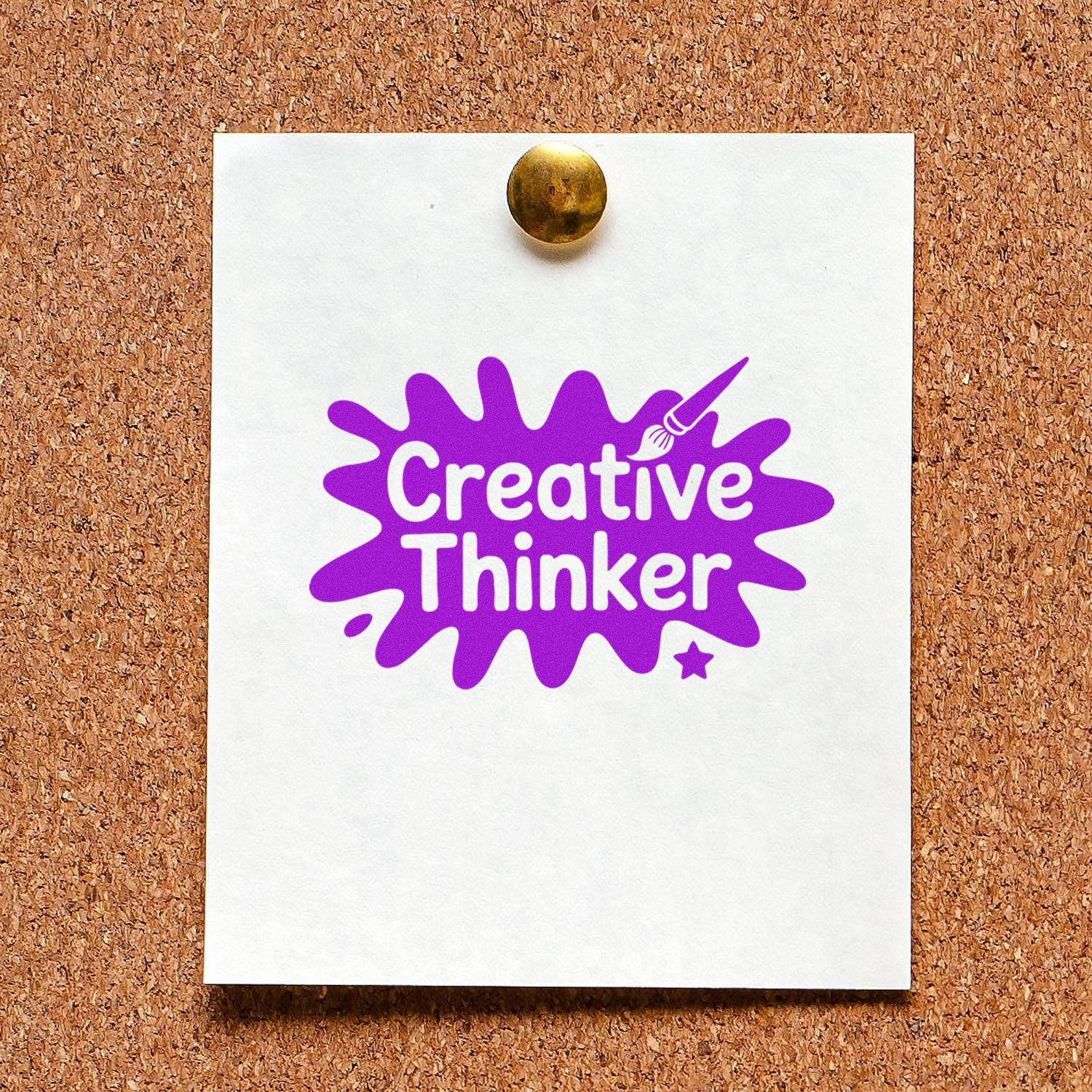 Creative Thinker rubber stamp with purple paint splash logo for arts, crafts, and teacher reward stamping.