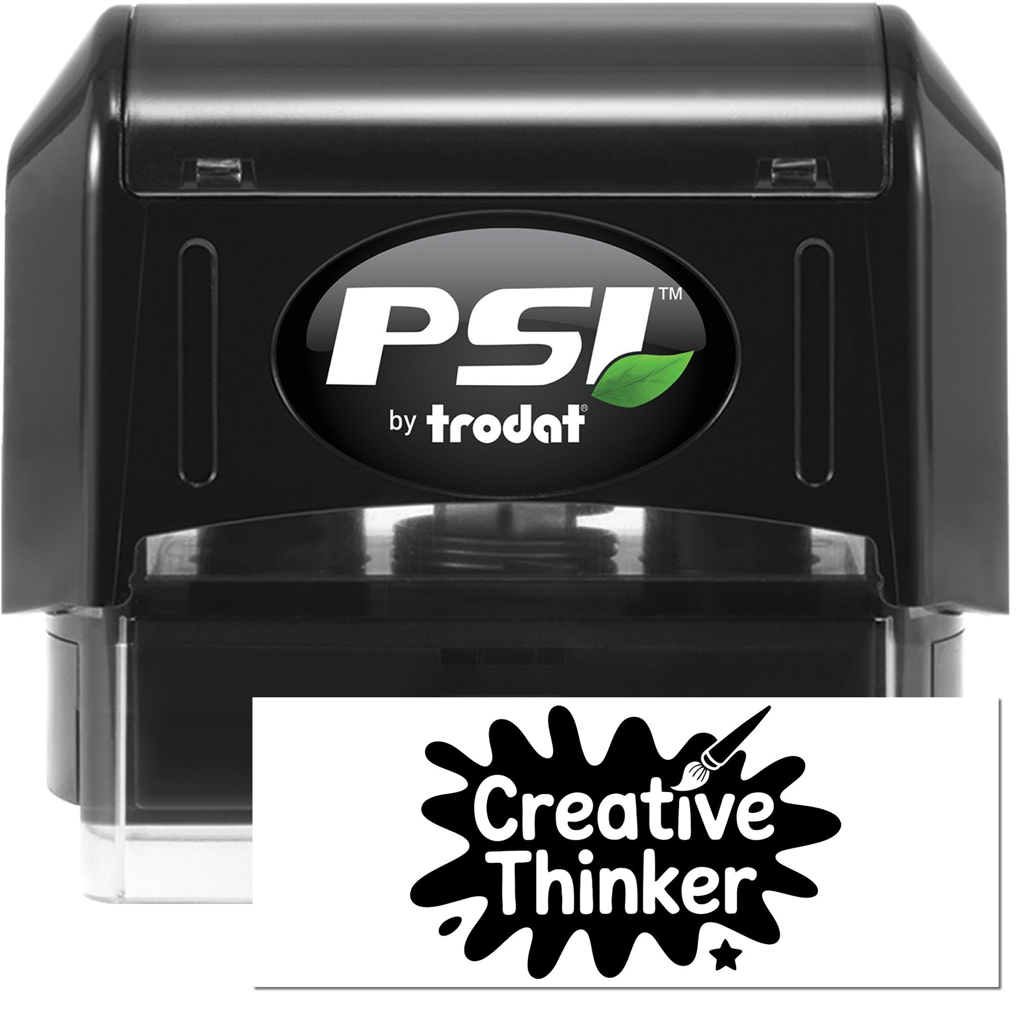PSI by Trodat self-inking rubber stamp with Creative Thinker custom imprint for office, school, or craft use.