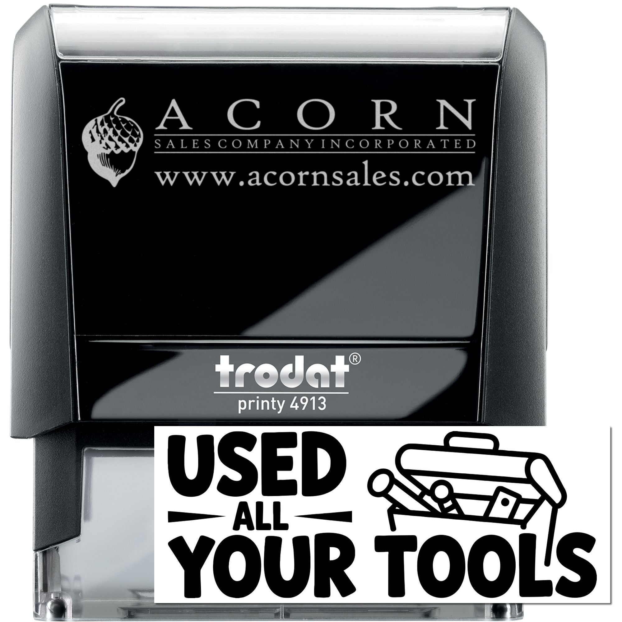 Custom self-inking rubber stamp with Used All Your Tools toolbox design for tool rental, repair, or shop labeling.