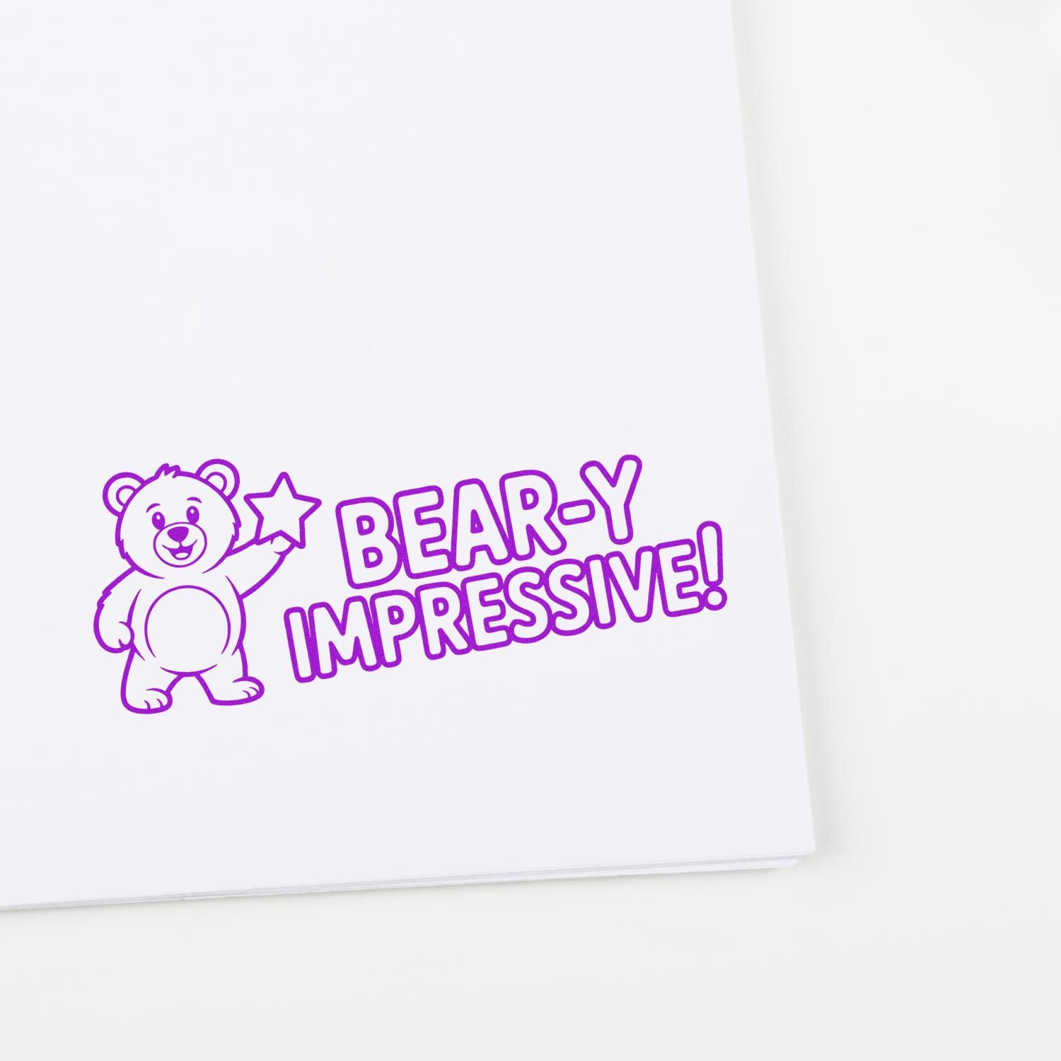 Bear-y Impressive custom rubber stamp with cute bear and star, ideal for classroom rewards, craft projects, and notes.