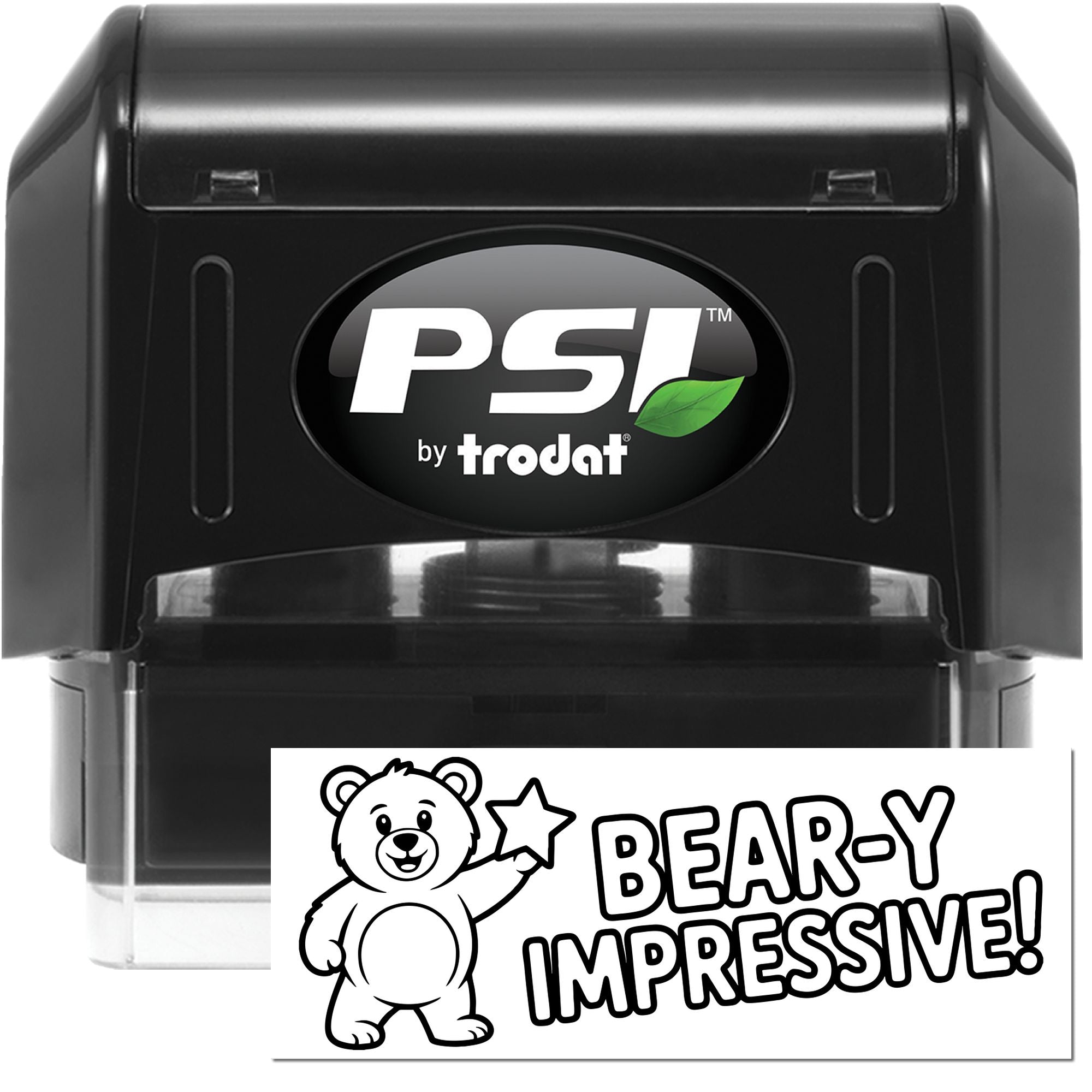 PSI by Trodat self-inking rubber stamp featuring a bear Beary Impressive! design for custom playful stamping.