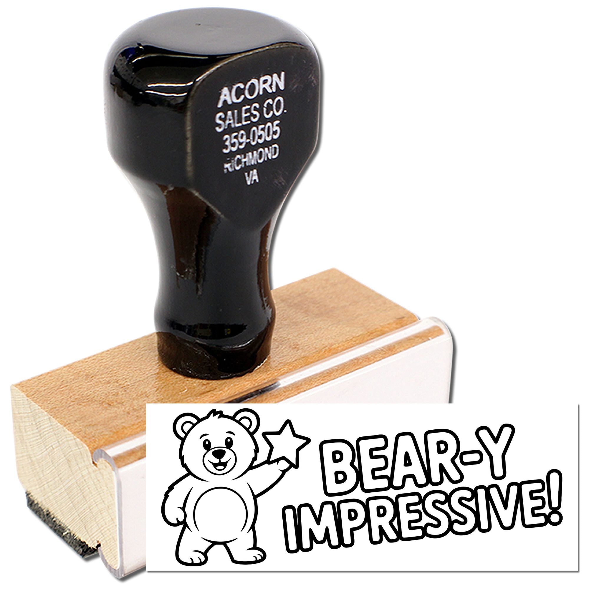 Custom rubber stamp with bear design and Beary Impressive imprint on wood-mounted stamp for craft and business use.