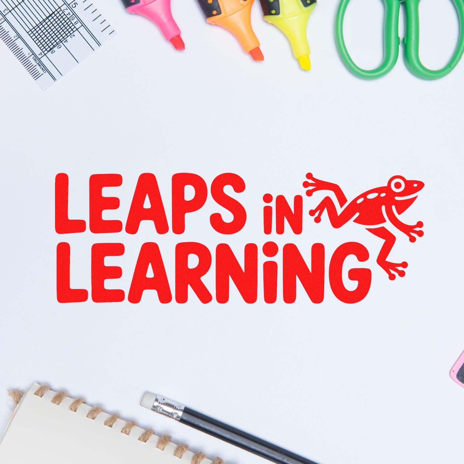 Leaps in Learning rubber stamp design with frog icon for classroom rewards, teacher motivation, and educational crafts.
