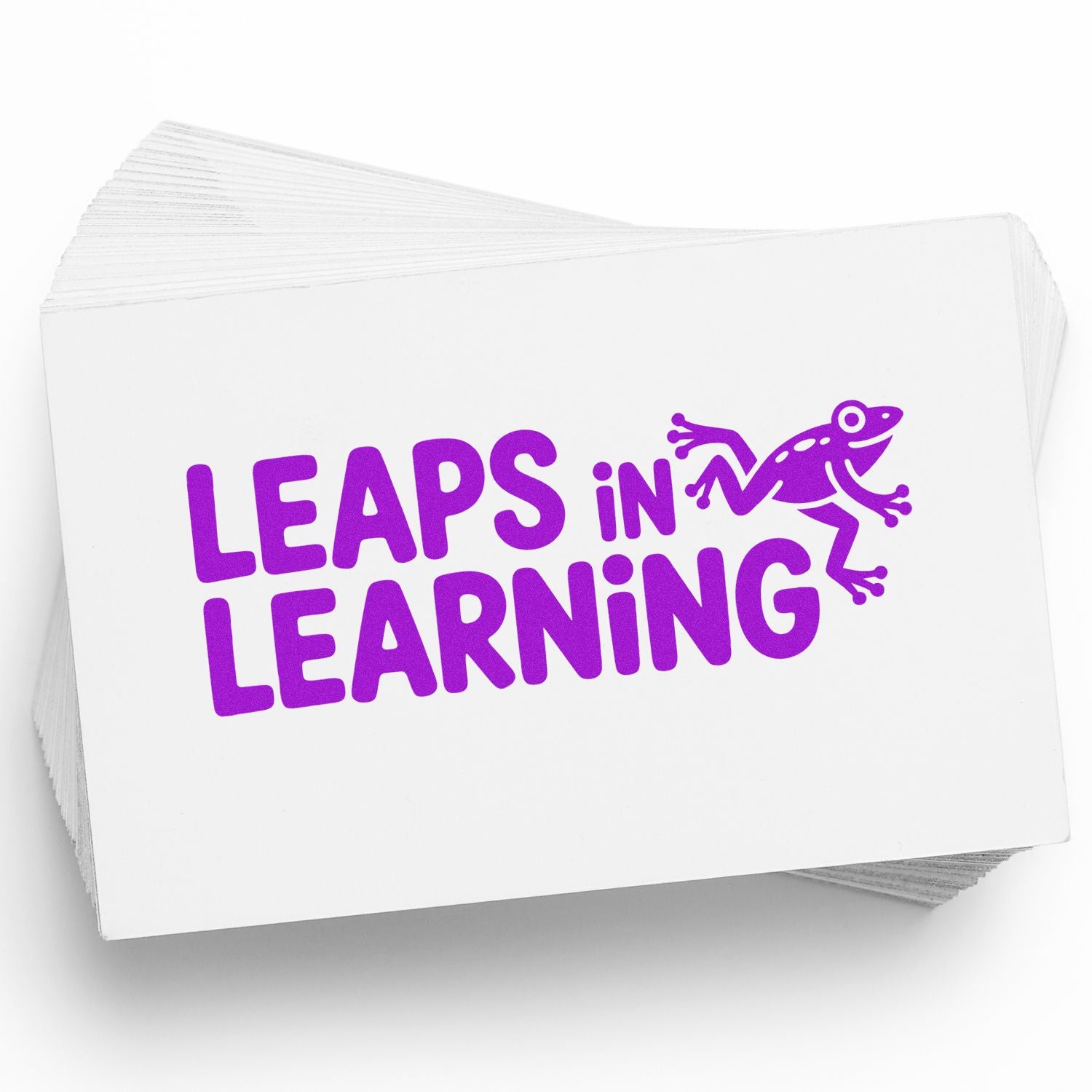 Leap in Learning rubber stamp design with purple frog graphic and bold educational text on stacked cards.