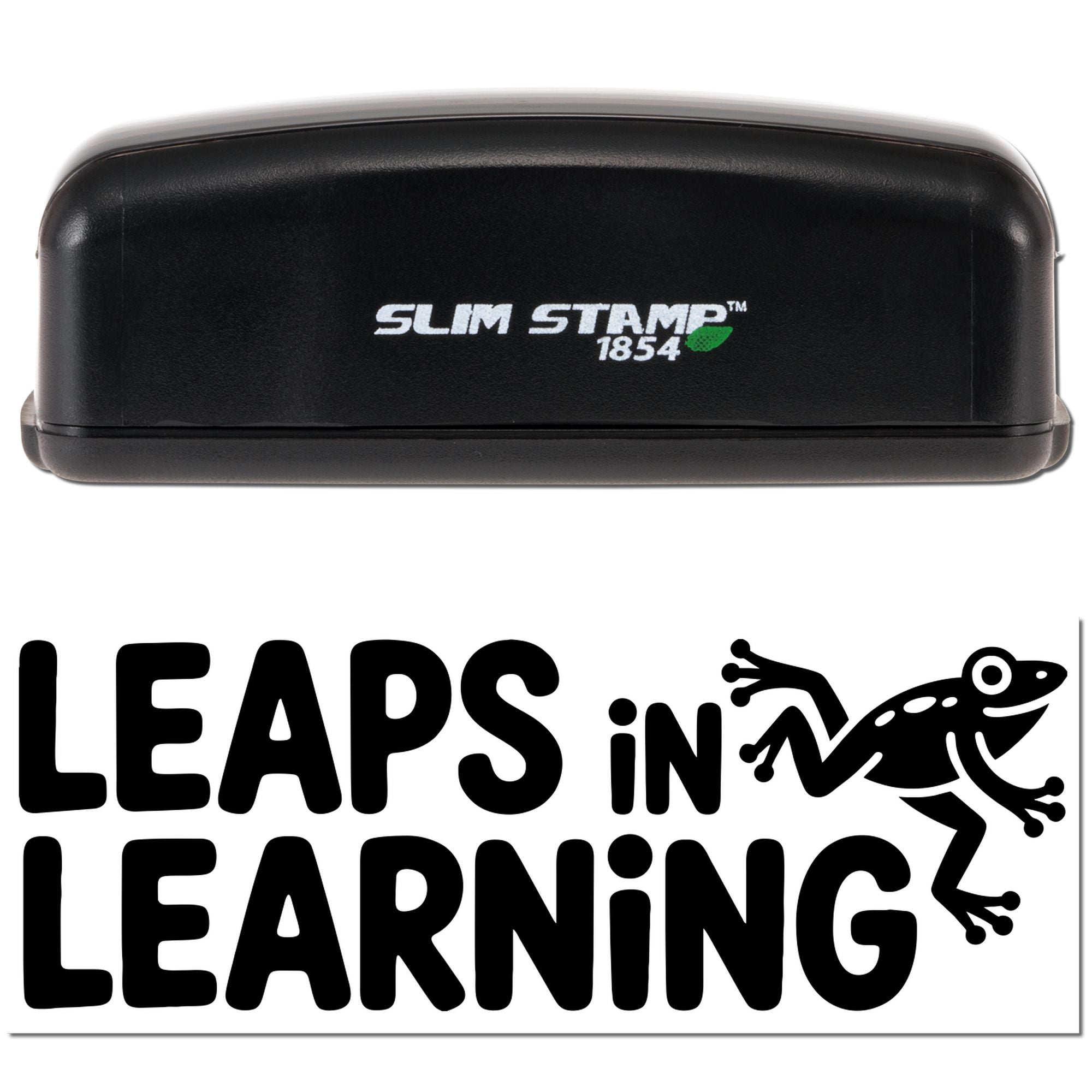 Slim Stamp 1854 custom rubber stamp featuring LEAPS IN LEARNING frog logo for educational branding.