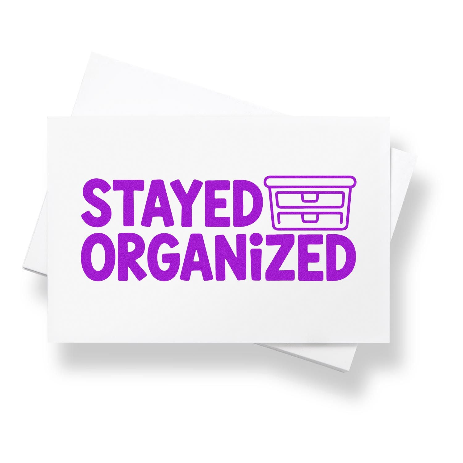 Purple Stayed Organized rubber stamp with drawer icon for planners, office organization, and storage labeling.
