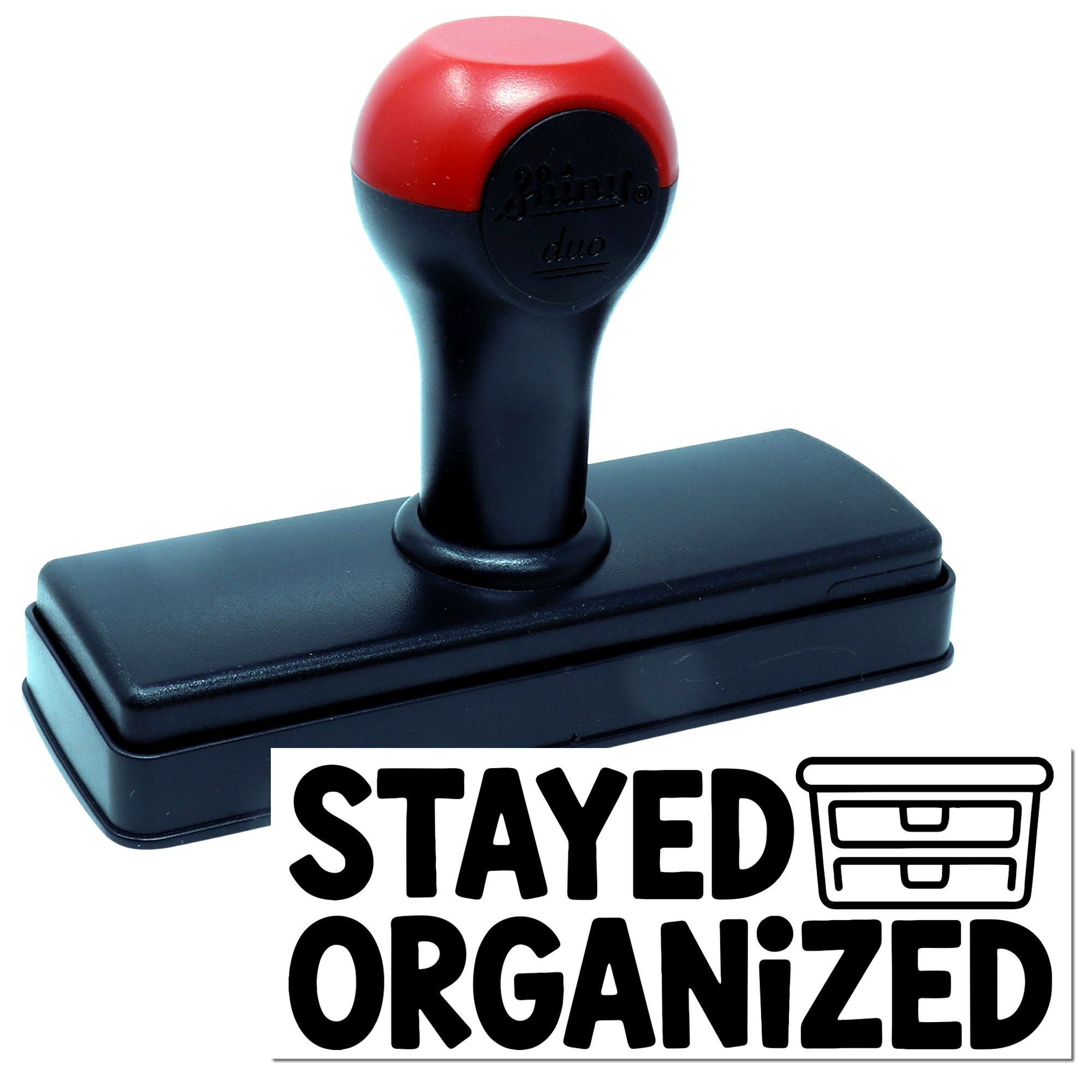 Self-inking rubber stamp with Stayed Organized design and file drawer icon for office filing and organization.