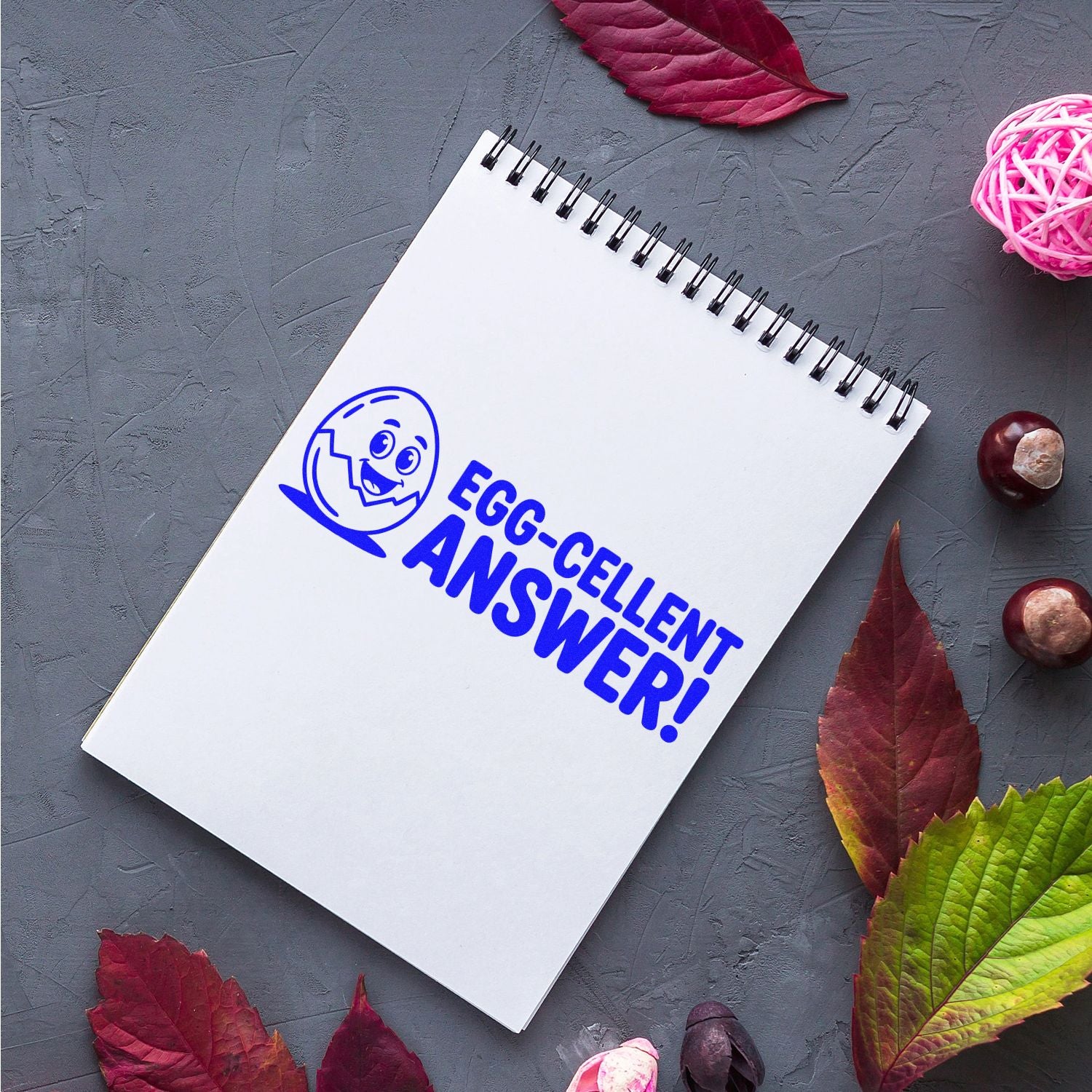 Blue Egg-cellent Answer! rubber stamp on notebook, perfect for teacher grading, classroom feedback, and student work.