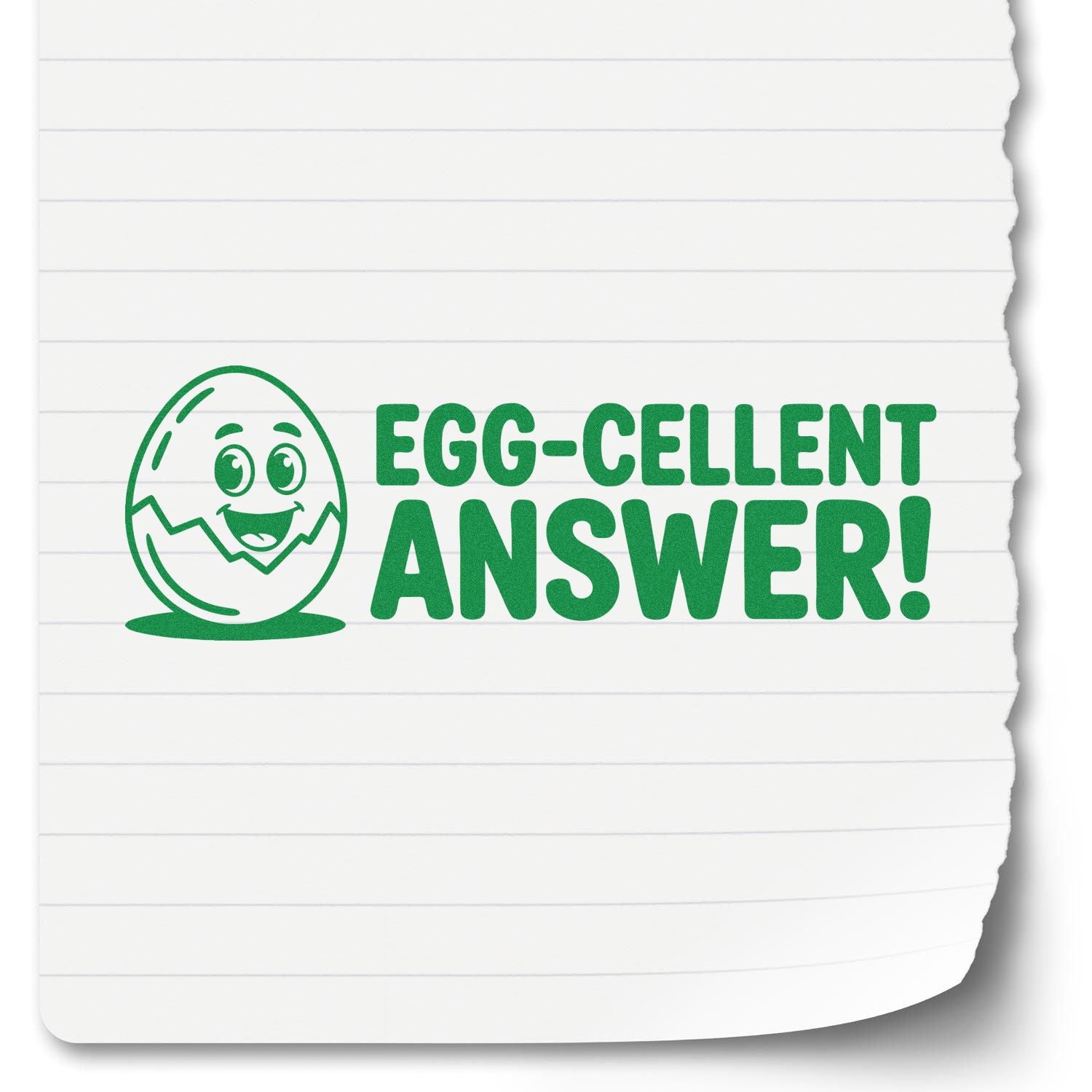 Egg-cellent Answer rubber stamp with smiling egg illustration and bold green lettering for classroom grading or teacher use.
