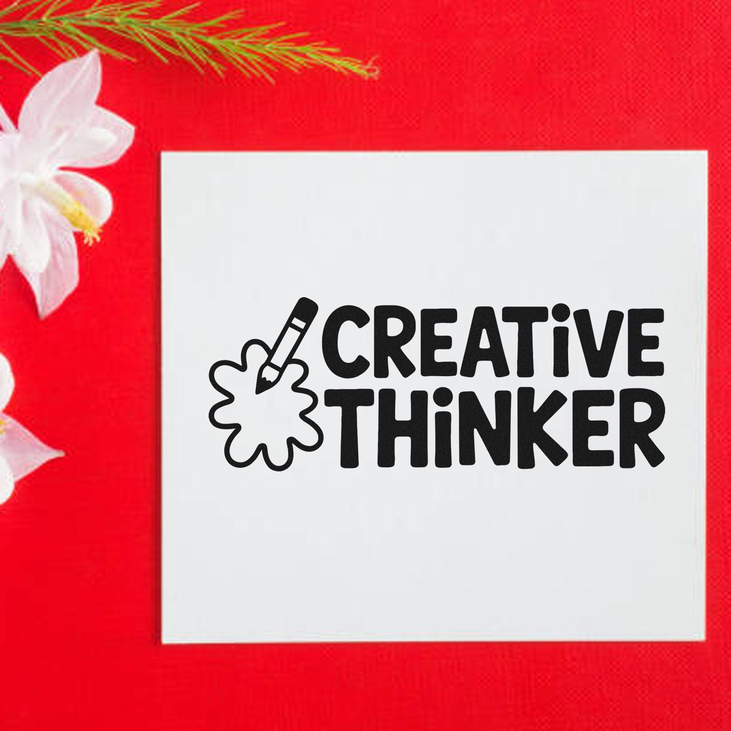 Creative Thinker rubber stamp design with pencil icon on white card, ideal for arts and crafts branding.