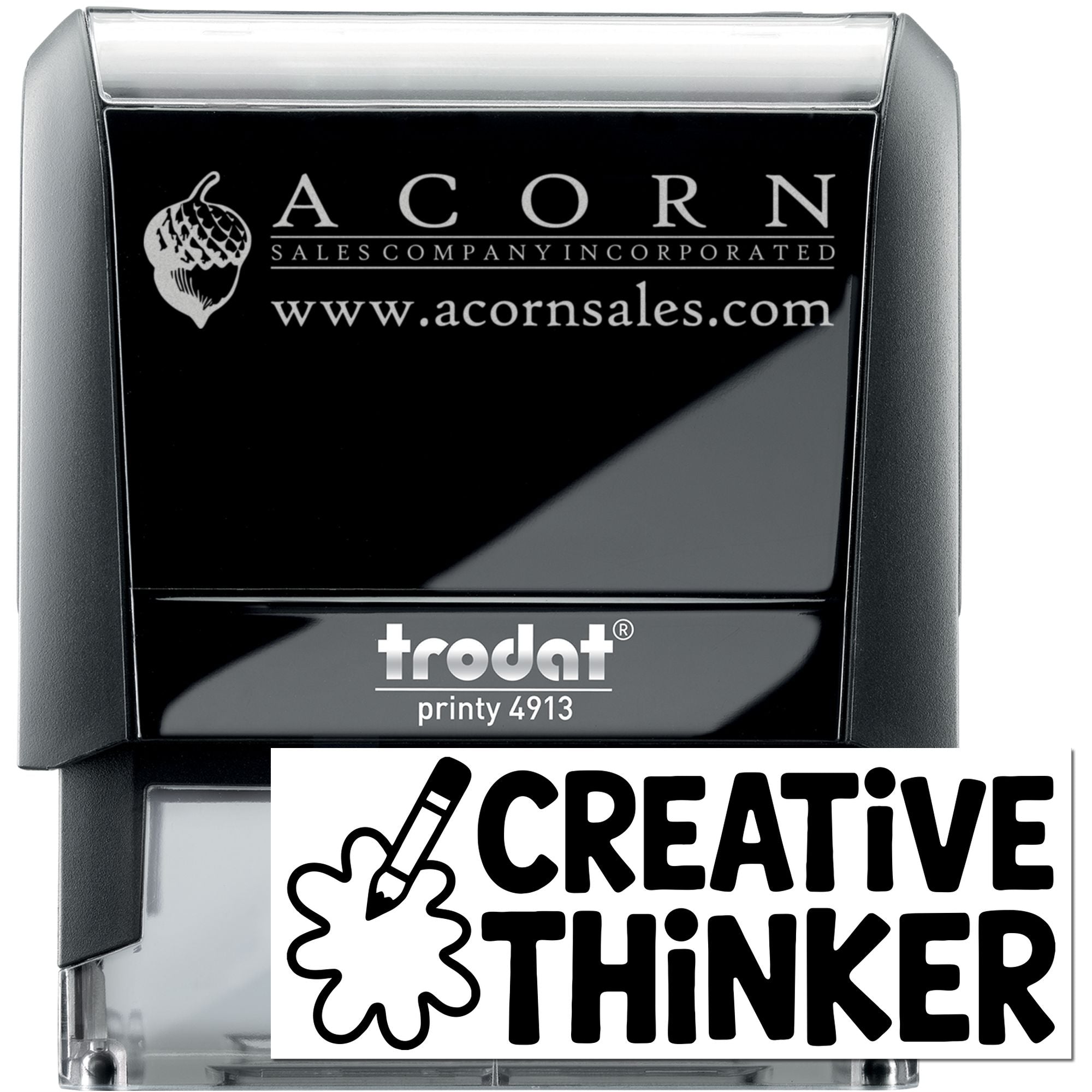 Custom self-inking business rubber stamp for Acorn Sales Company with logo and website, Trodat Printy 4913.