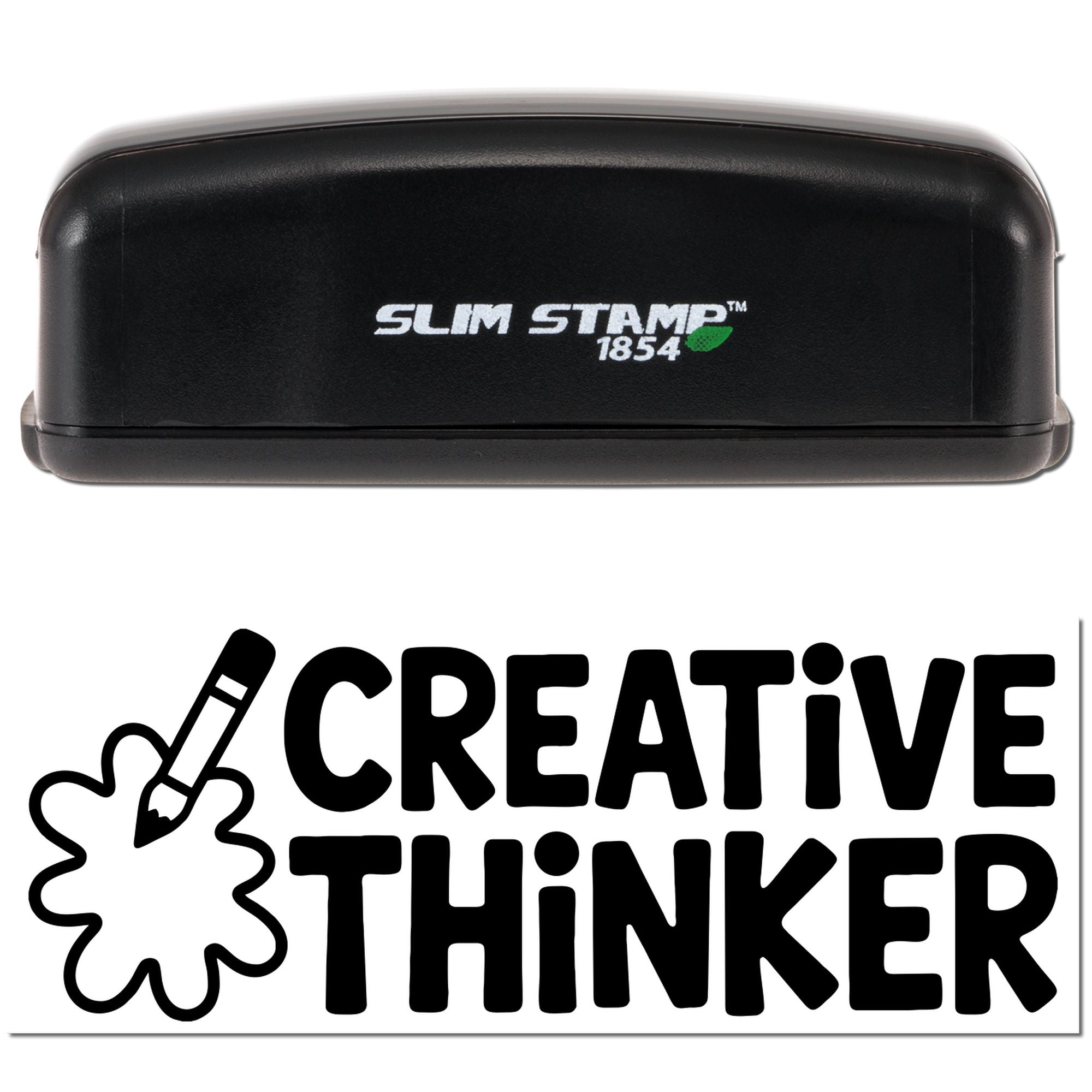 Slim Stamp 1854 self-inking rubber stamp with Creative Thinker design and pencil icon for crafts and stationery.