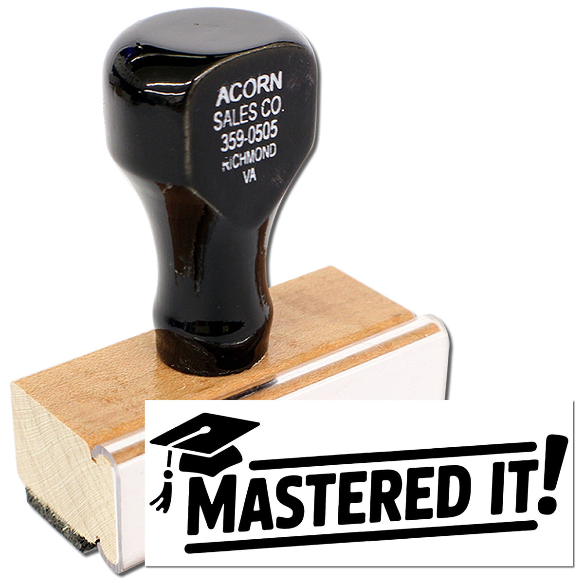 Custom rubber stamp with Mastered It! graduation design for teachers, students, and award recognition.