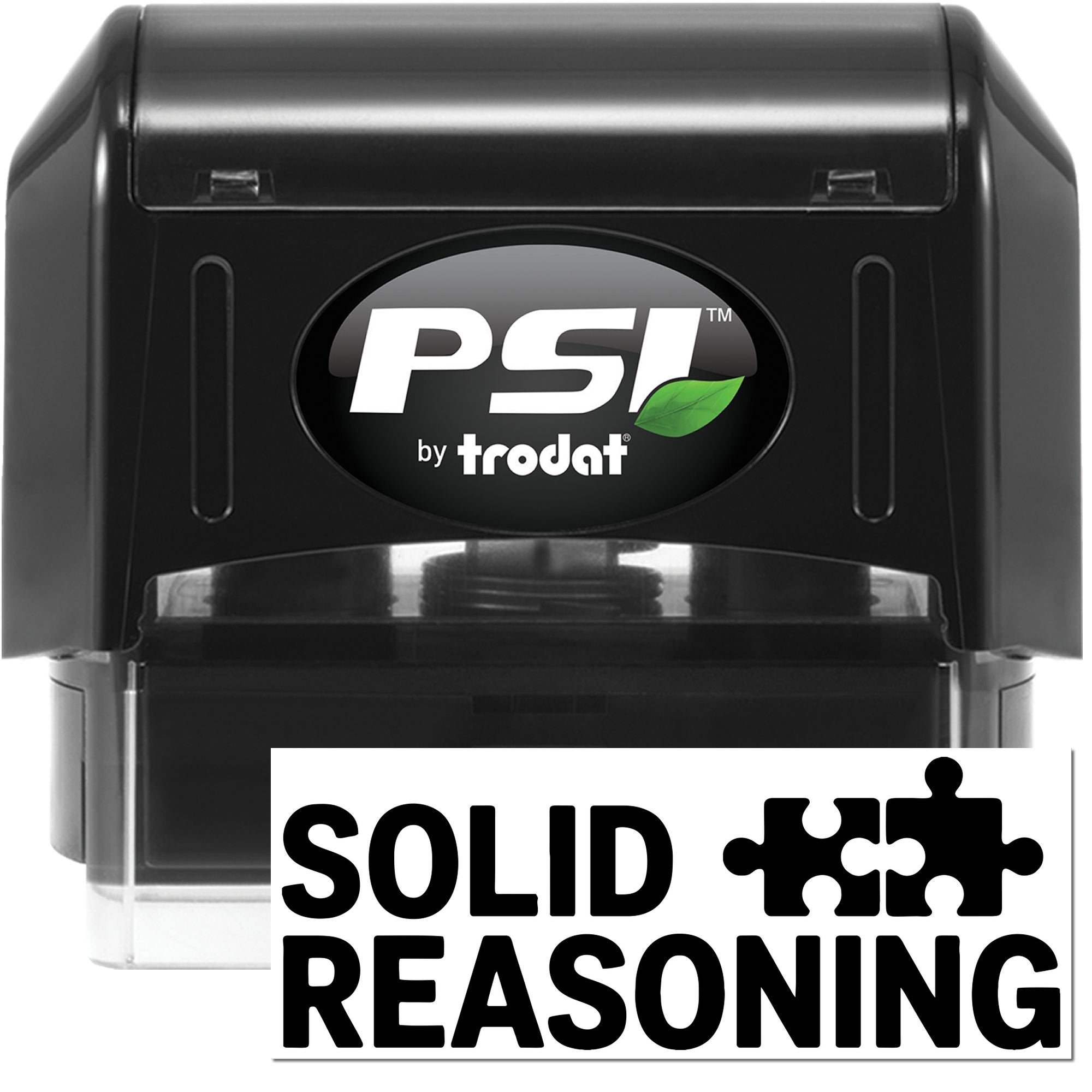 PSI by Trodat self-inking rubber stamp with Solid Reasoning imprint for office approval and document marking.