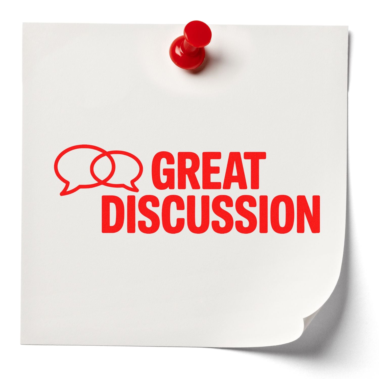 Great Discussion rubber stamp design with speech bubbles on a pinned note, ideal for business feedback, meetings, and classrooms.