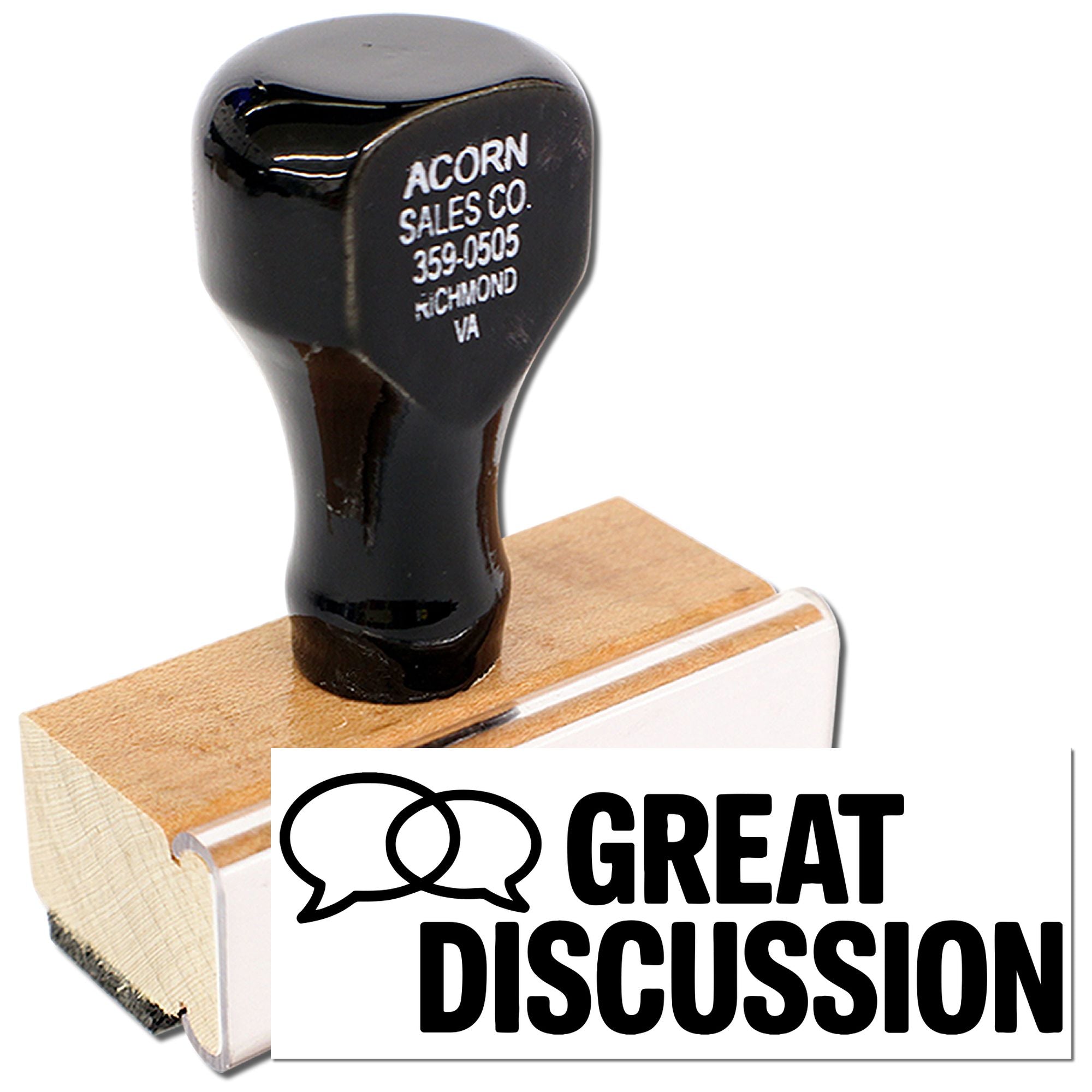 Custom rubber stamp with Great Discussion design on wooden handle, ideal for feedback, meetings, and classroom use.