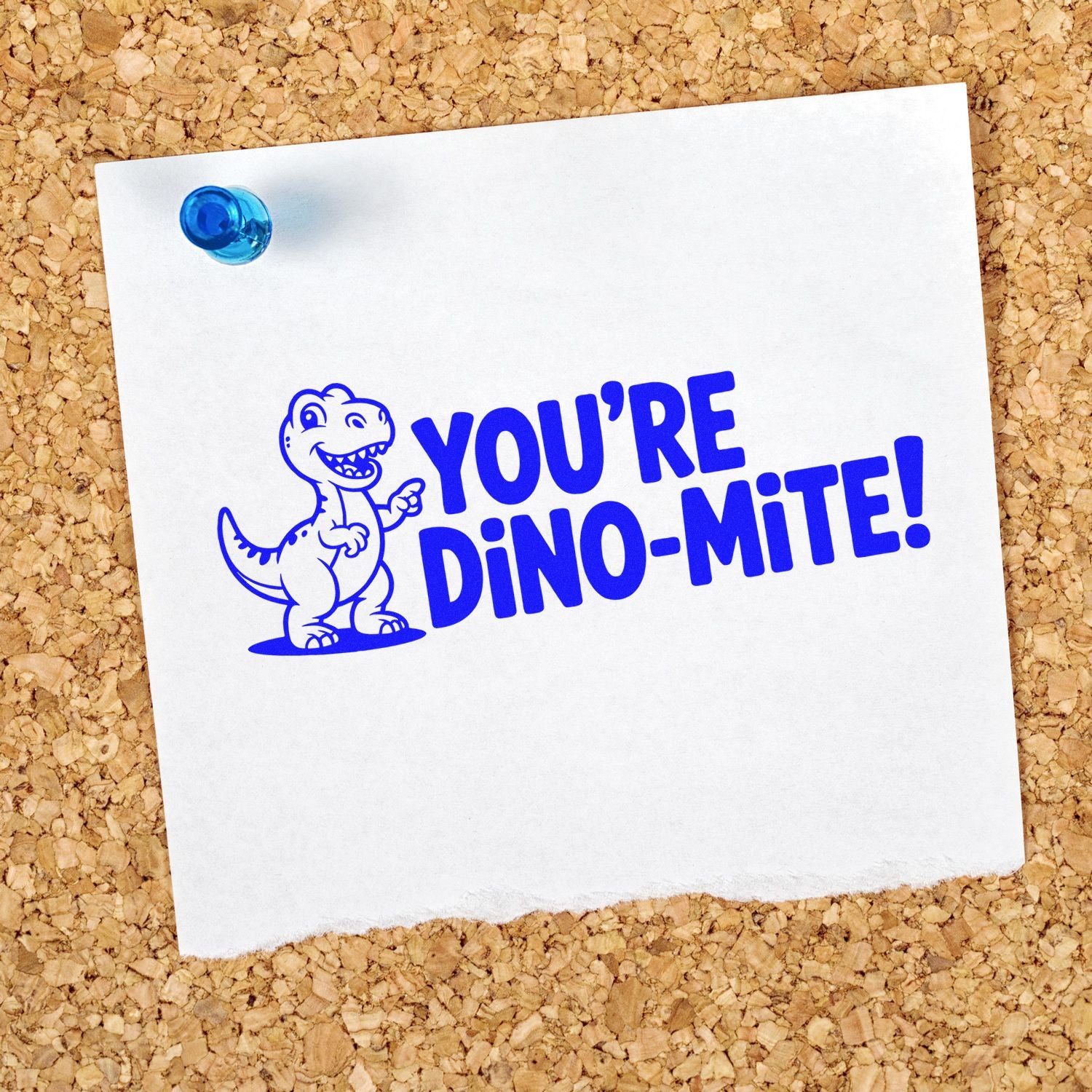Blue Youre Dino-Mite! dinosaur rubber stamp on paper, ideal for teacher rewards, kids crafts, and custom stamping.
