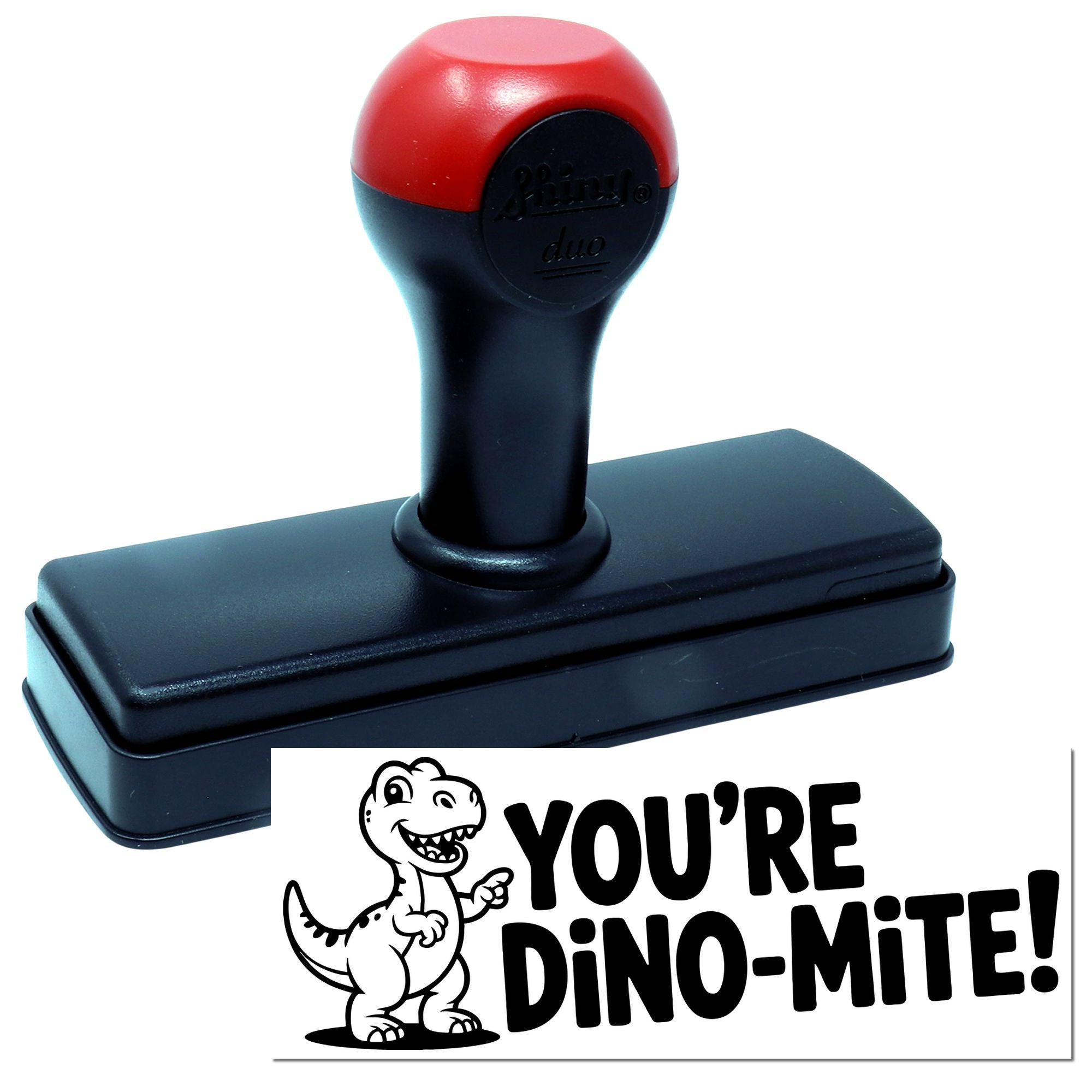 Self-inking rubber stamp with Youre Dino-Mite! dinosaur imprint, perfect for fun custom teacher and kids stamps.