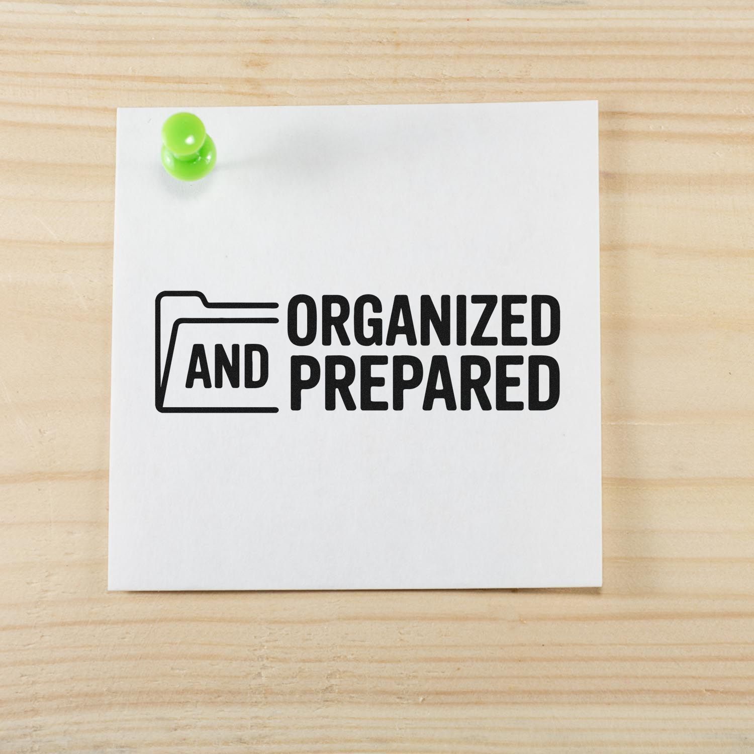 Organized and Prepared rubber stamp with folder icon for office filing, document organization, and productivity labels.
