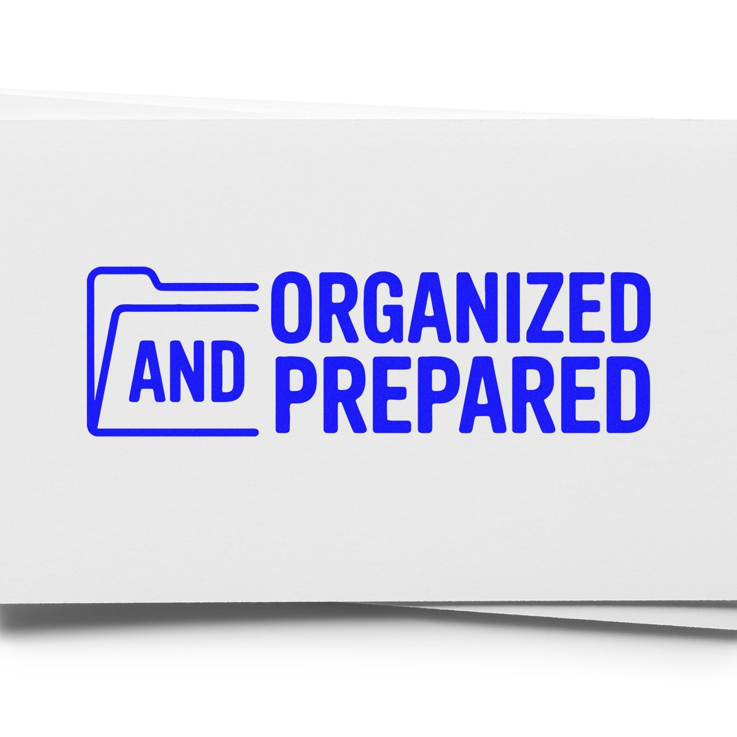 Blue organized and prepared rubber stamp with folder icon for office paperwork, filing, and business organization.