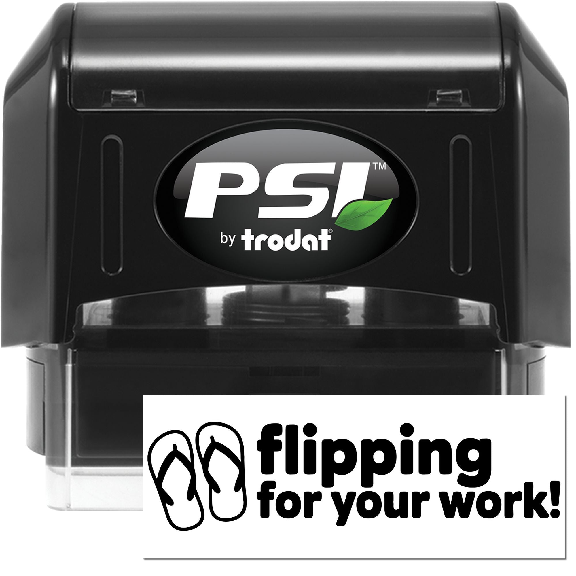 PSI by Trodat self-inking rubber stamp with custom flipping for your work! flip-flop imprint for business branding.