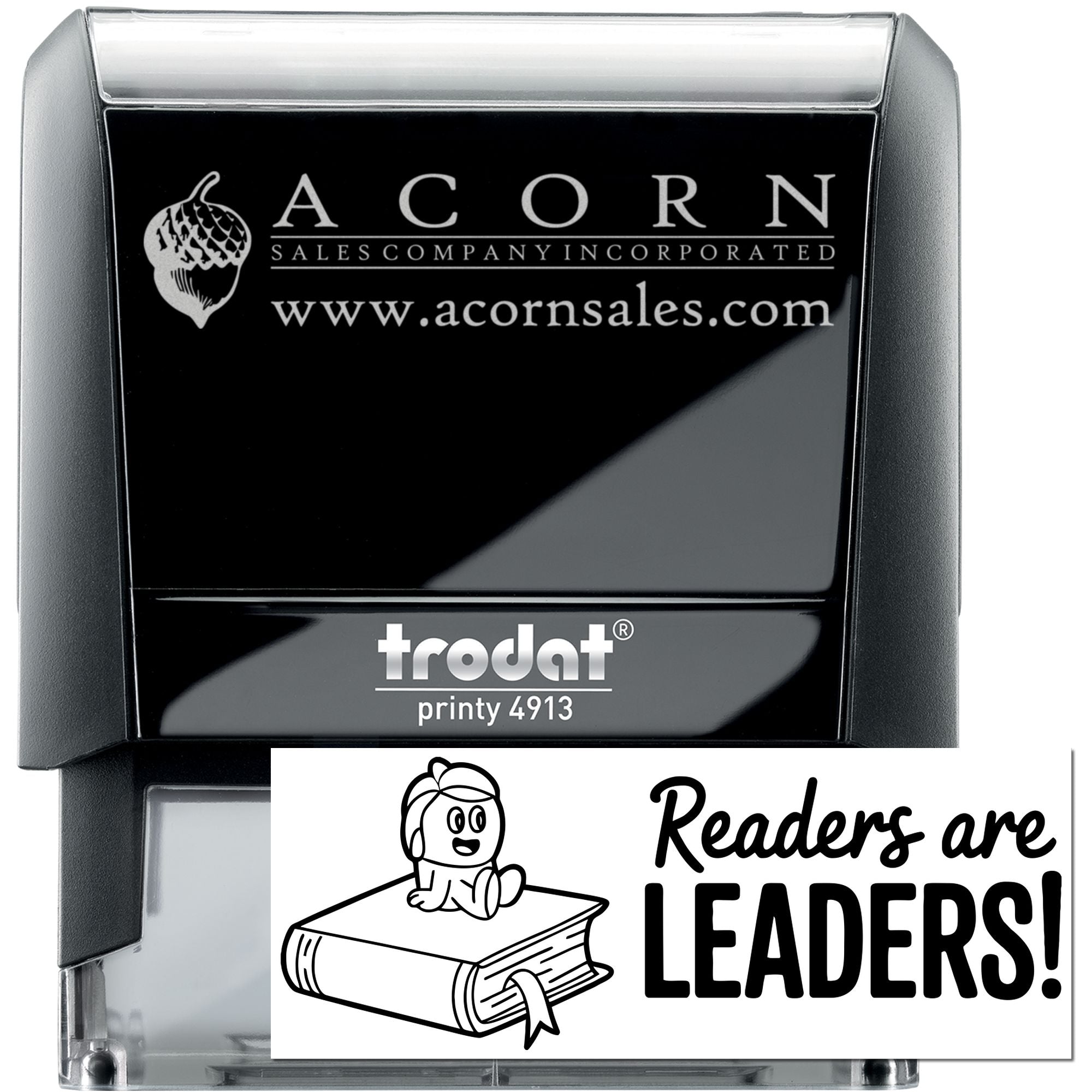 Trodat Printy 4913 custom self-inking rubber stamp with Acorn Sales logo and Readers Are Leaders design.