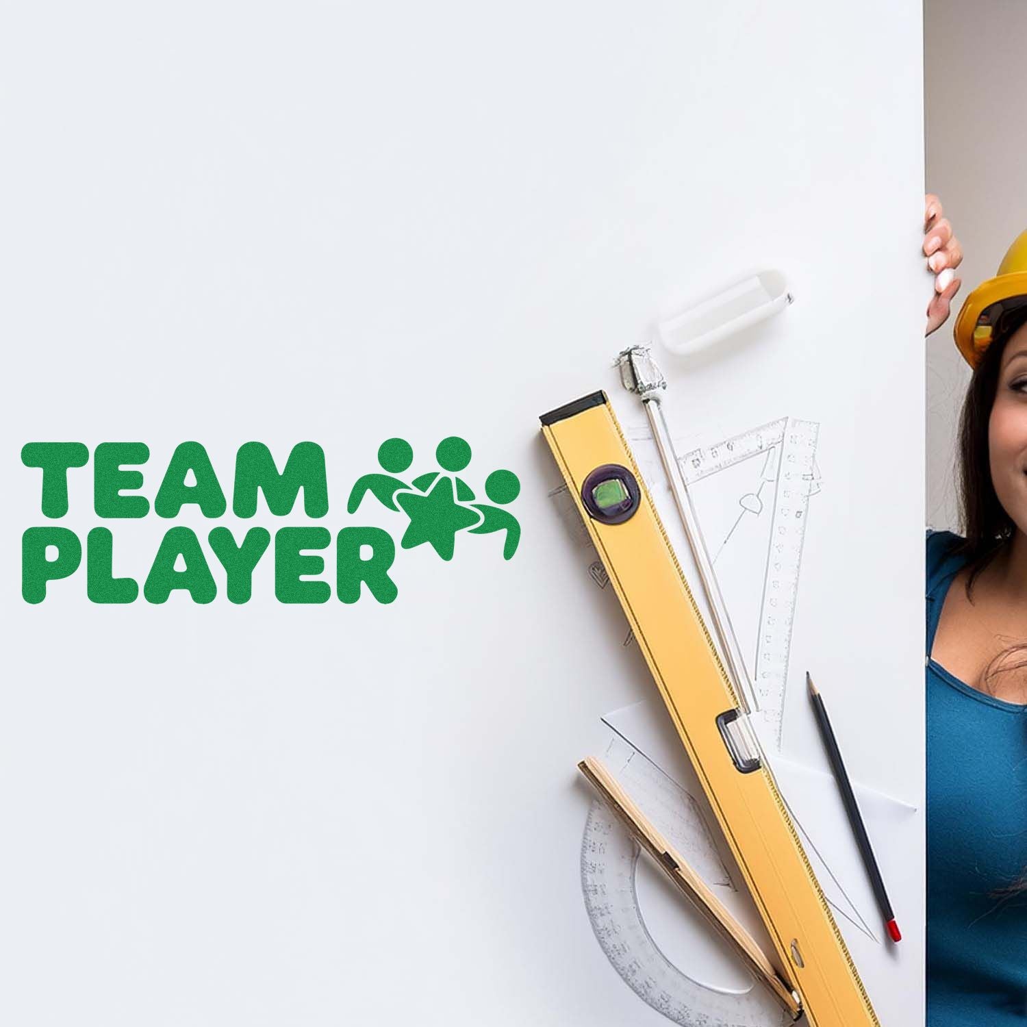 Green Team Player rubber stamp design with drafting tools and construction worker holding blueprint board