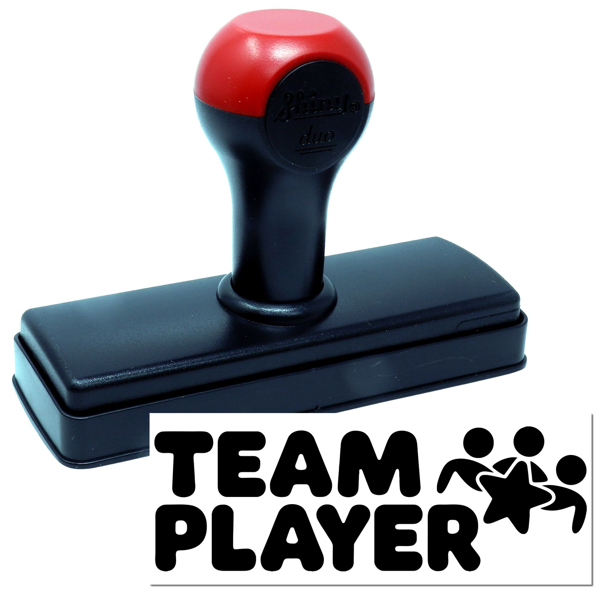 Self-inking rubber stamp with Team Player imprint for employee recognition, teamwork awards, and office use.