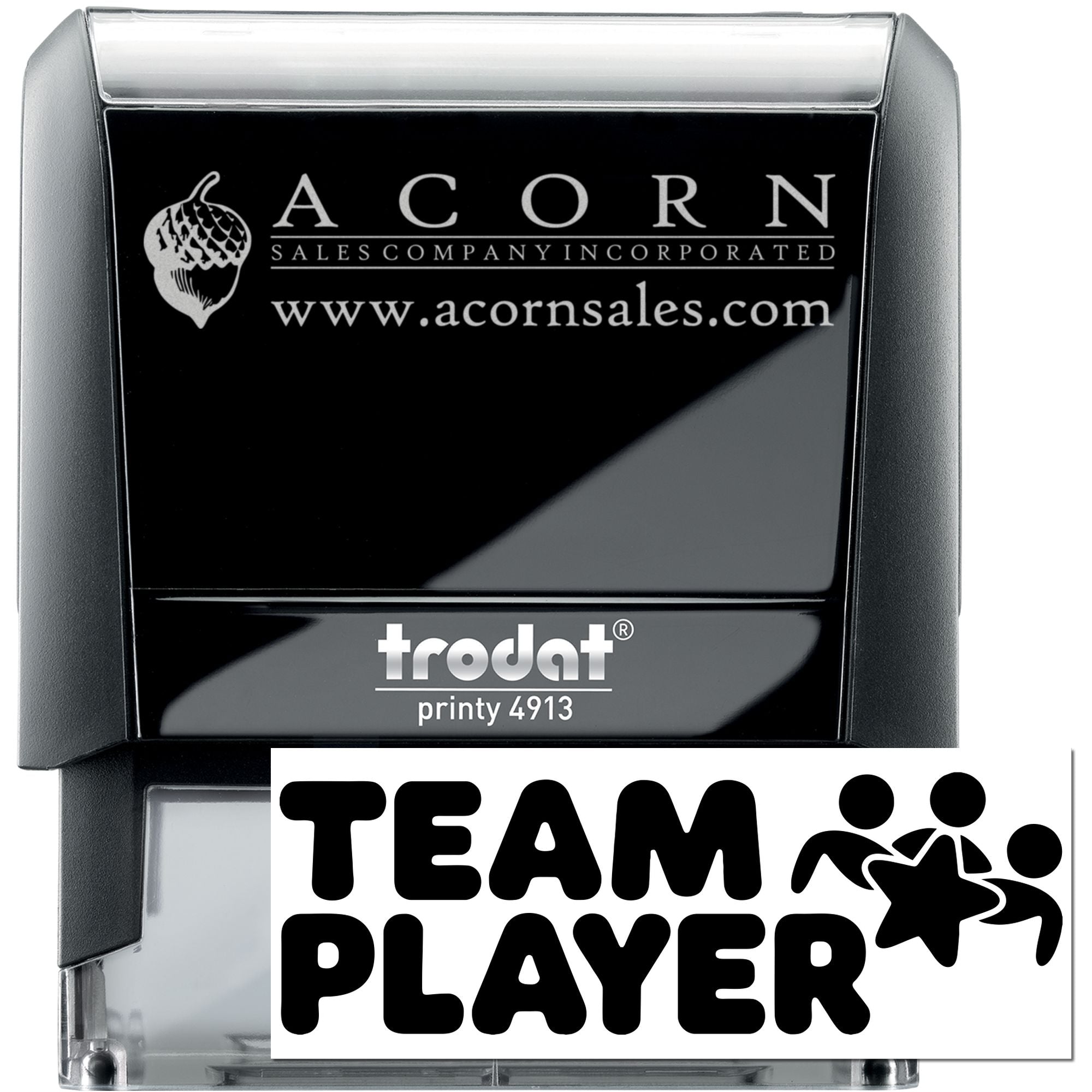 Custom Trodat Printy 4913 self-inking rubber stamp with Acorn Sales Company logo and website text for business branding