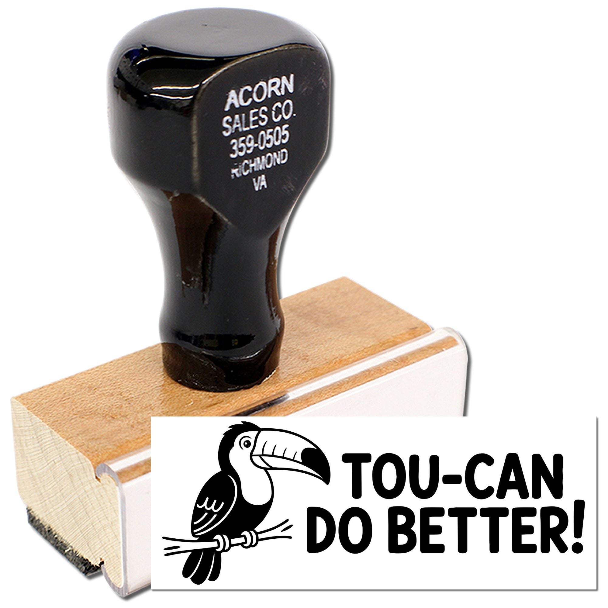 Wood-mounted custom rubber stamp with Toucan Do Better design for business branding and craft projects.